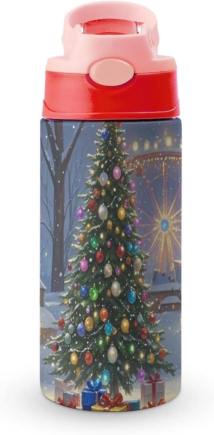 Stainless Steel Travel Water Cup, Amusement Park Christmas Tree Print Insulated Cup Ideal for Hiking, Sports, And Outdoor Adventures