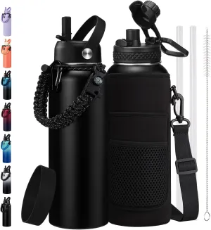 Stainless Steel Water Bottle 40oz with Straw & Auto Spout Lids, Paracord Handle, Protective Boot, Insulated Water Bottle Carrier Bag, Keep Cold-48H & Hot-24H Metal Flask Canteen Bottle