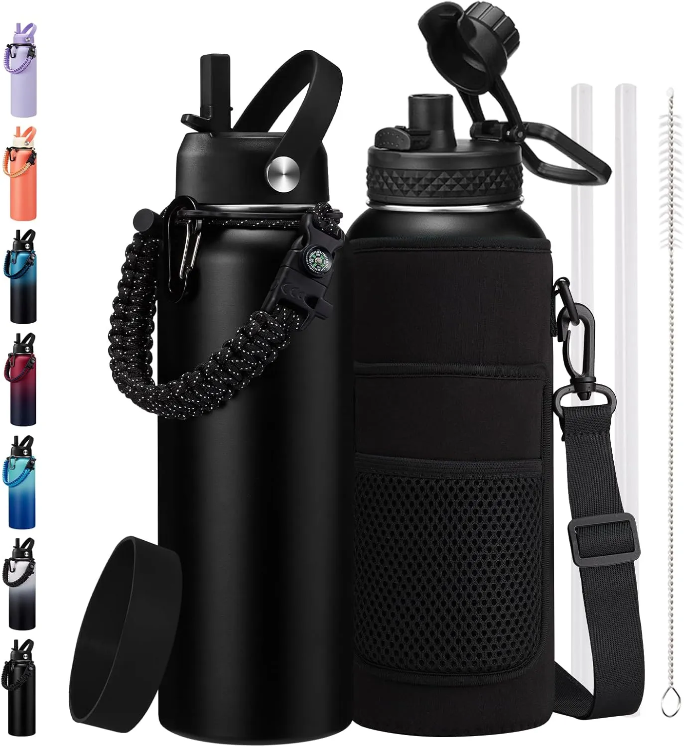 Stainless Steel Water Bottle 40oz with Straw & Auto Spout Lids, Paracord Handle, Protective Boot, Insulated Water Bottle Carrier Bag, Keep Cold-48H & Hot-24H Metal Flask Canteen Bottle