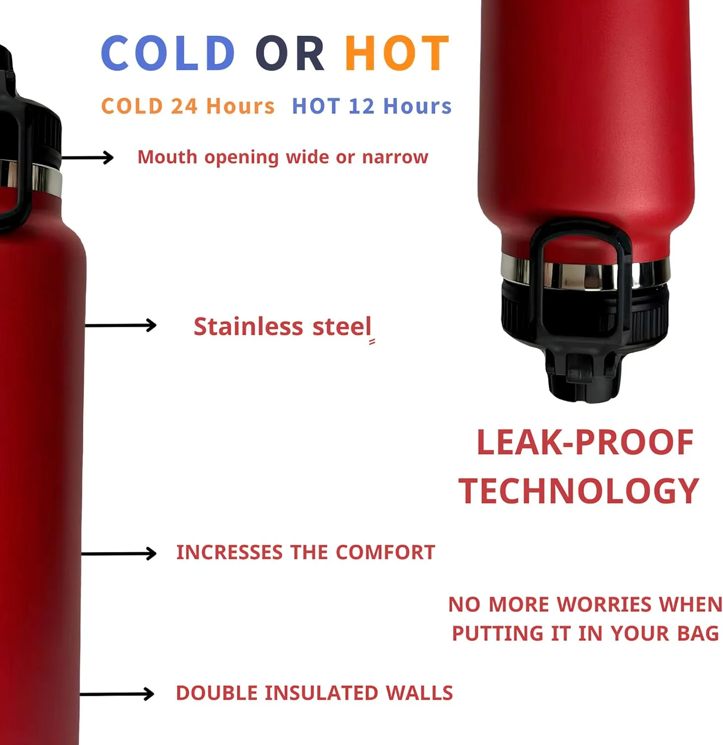 Stainless Steel Water Bottle | Leakproof, Durable & BPA-Free | Double-Wall Insulation for Hot & Cold Drinks | Wide Mouth, Perfect for Travel & Workouts