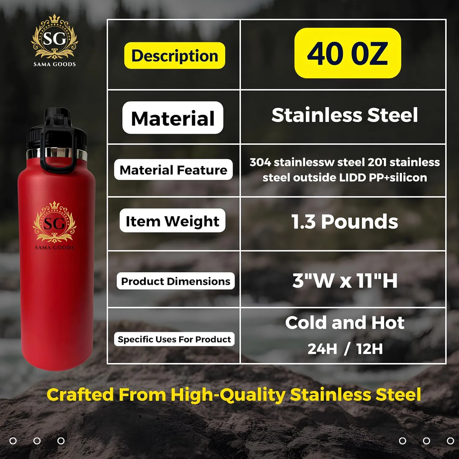 Stainless Steel Water Bottle | Leakproof, Durable & BPA-Free | Double-Wall Insulation for Hot & Cold Drinks | Wide Mouth, Perfect for Travel & Workouts