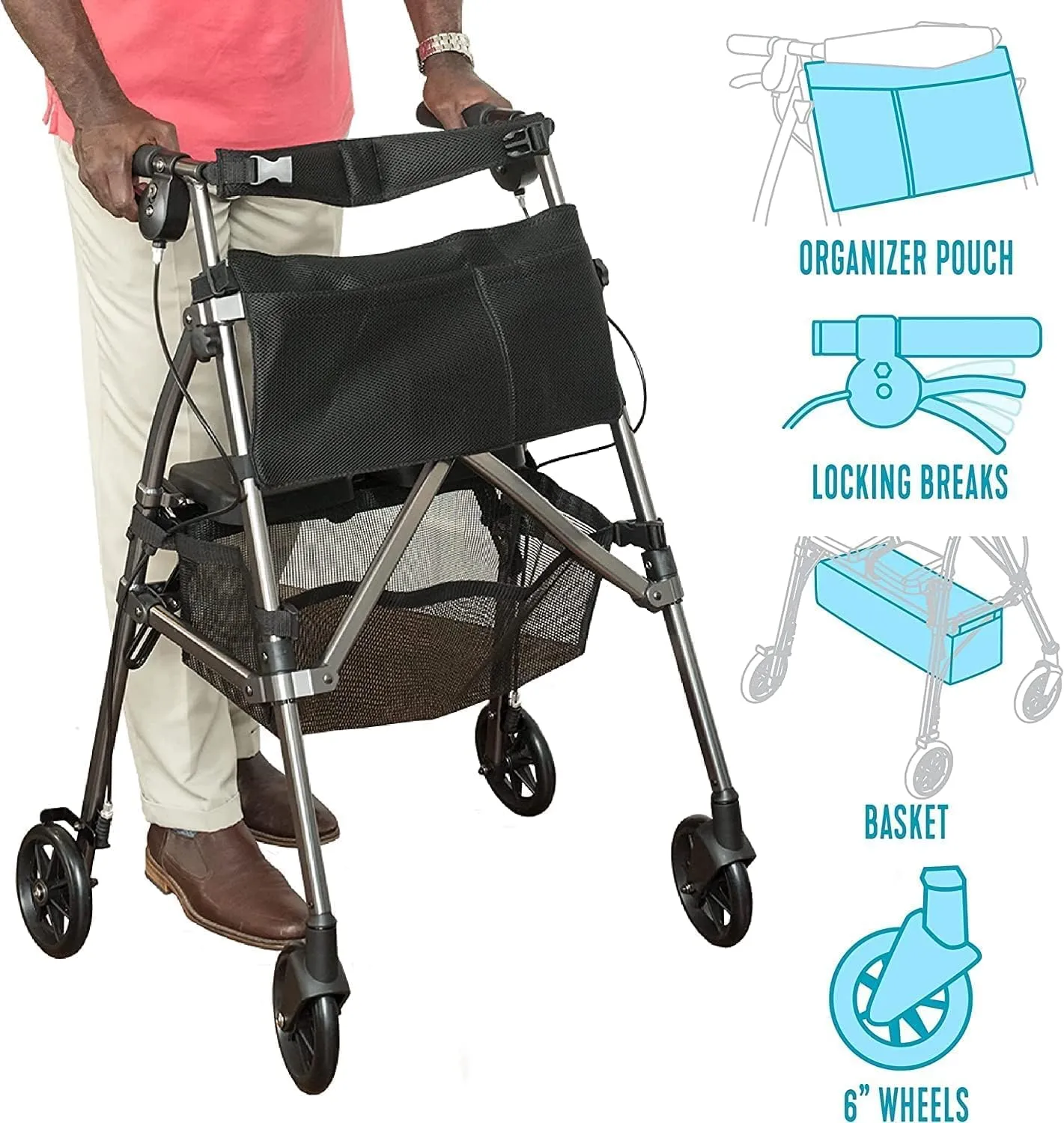 Stander Wonder Rollator Plus, Lightweight Folding Mobility Rolling-Walker, EZ Fold-N-Go-Rollator for Seniors and Adults, 6-inch Wheels, Locking Brakes and Padded Seat with Backrest, Regal Rose