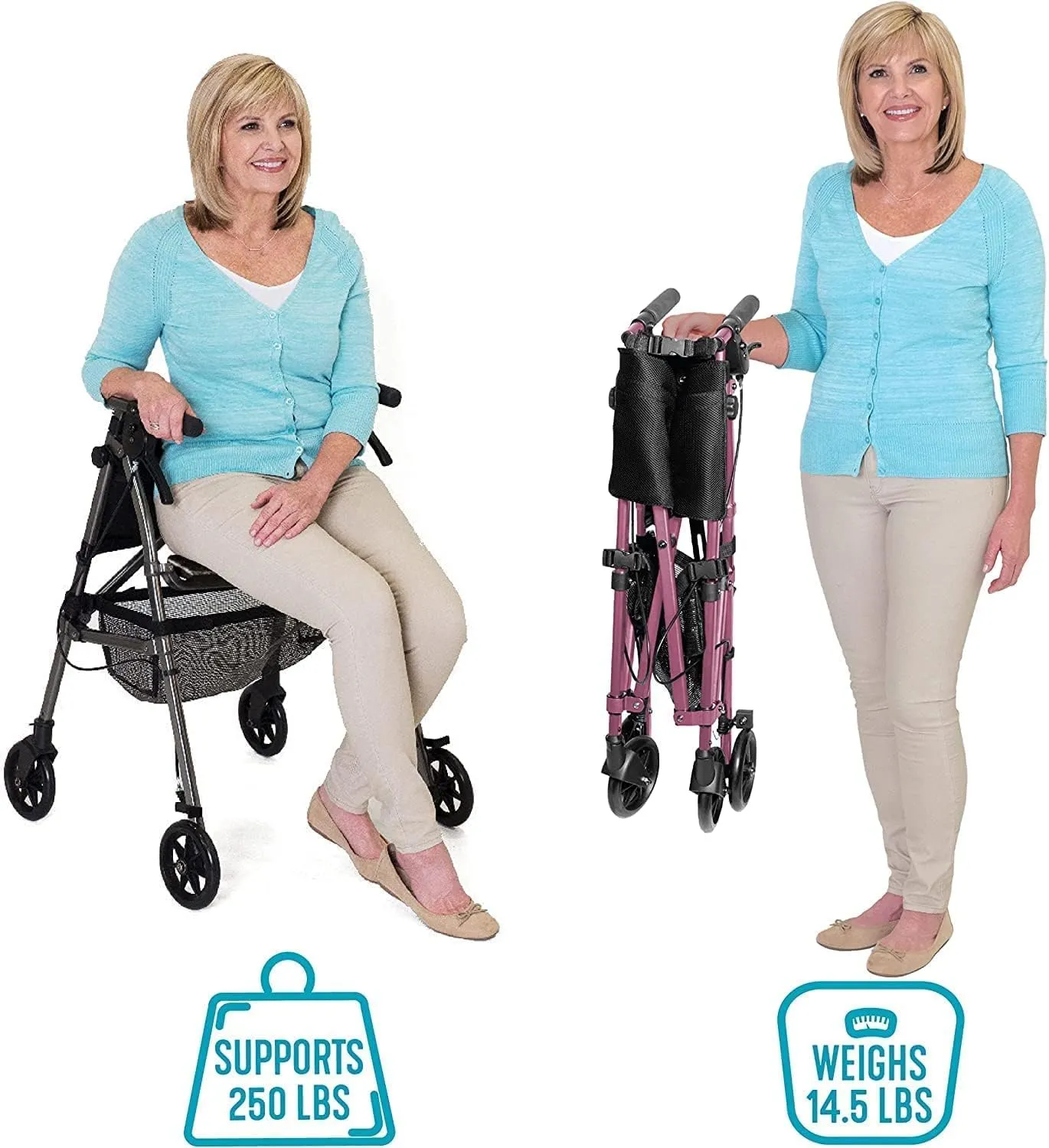 Stander Wonder Rollator Plus, Lightweight Folding Mobility Rolling-Walker, EZ Fold-N-Go-Rollator for Seniors and Adults, 6-inch Wheels, Locking Brakes and Padded Seat with Backrest, Regal Rose