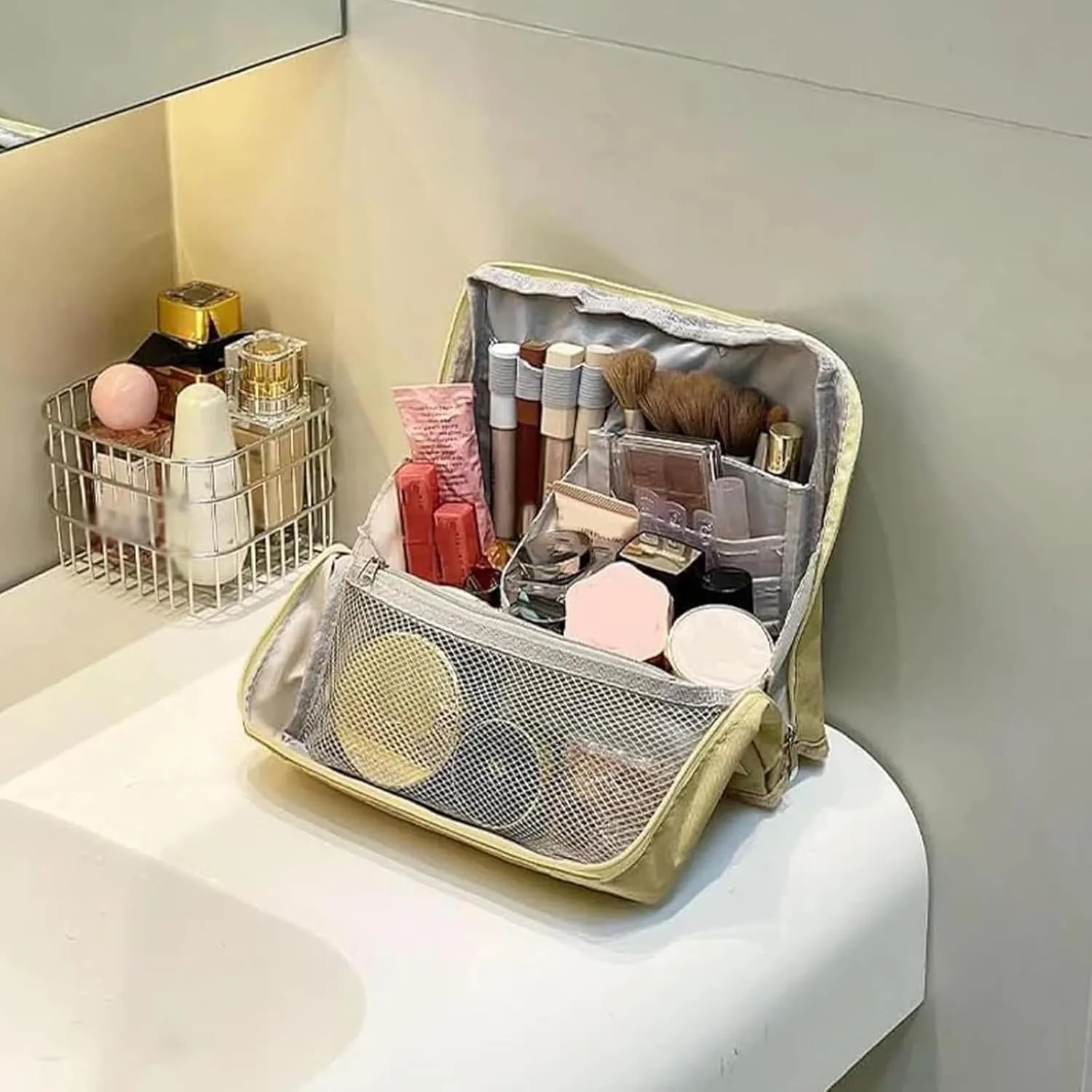 Standing Makeup Bag Portable, Large Capacity, Doresty Makeup Bag, Waterproof Multipurpose Stand up Toiletry Bags Stationery Organizer, Toiletry Bags with Compartments for Traveling (Navy)
