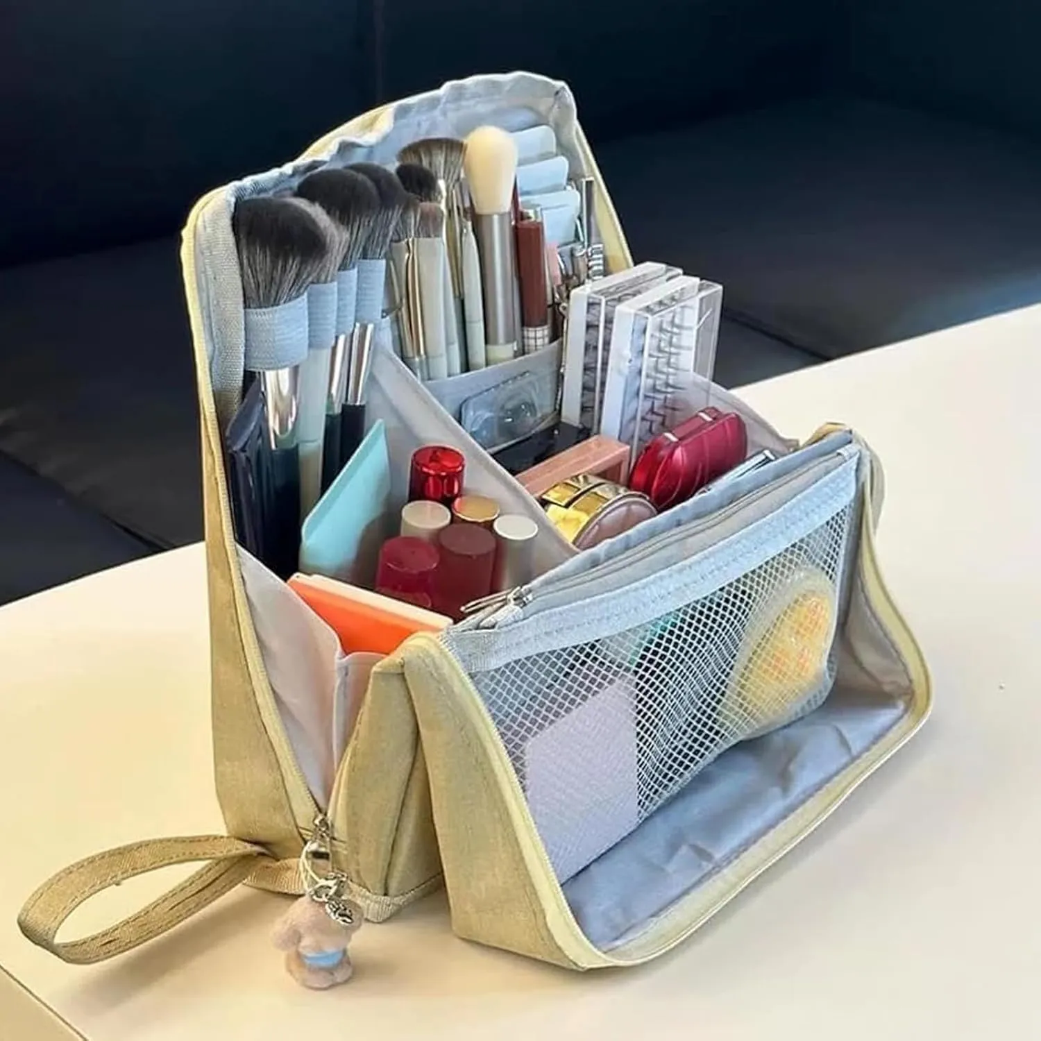 Standing Makeup Bag Portable, Large Capacity, Doresty Makeup Bag, Waterproof Multipurpose Stand up Toiletry Bags Stationery Organizer, Toiletry Bags with Compartments for Traveling (Navy)
