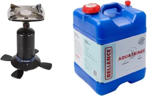 Stansport 10,000 BTU Single Burner Propane Stove and Reliance 7 Gallon Blue Water Container Bundle