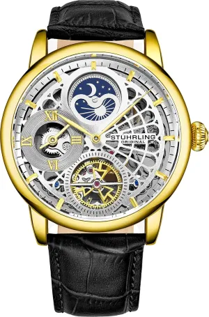 Stührling Original Skeletonized Gold Watches for Men Analog Watch Dial Mens Automatic Watch - Dual Time, AM/PM Sun Moon, Genuine Leather Band, 3926 Mens Watches Collection