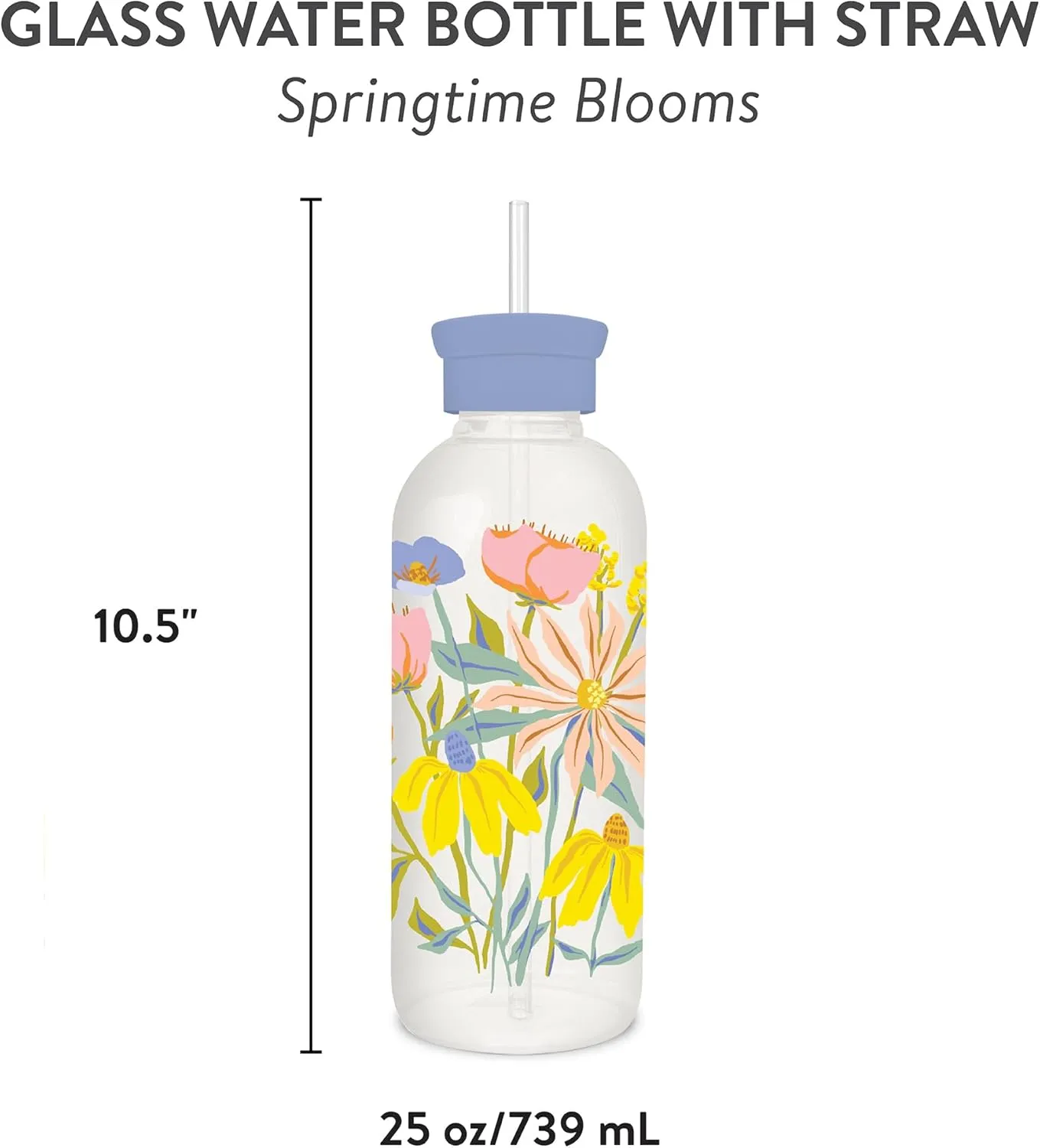Studio Oh! New Glass Water Bottle with Straw 25oz, Reusable Cute Glass Bottle Eco Friendly, Shatter-Resistant, Aesthetic Waterbottle with Silicone Coating, Springtime Blossoms Design