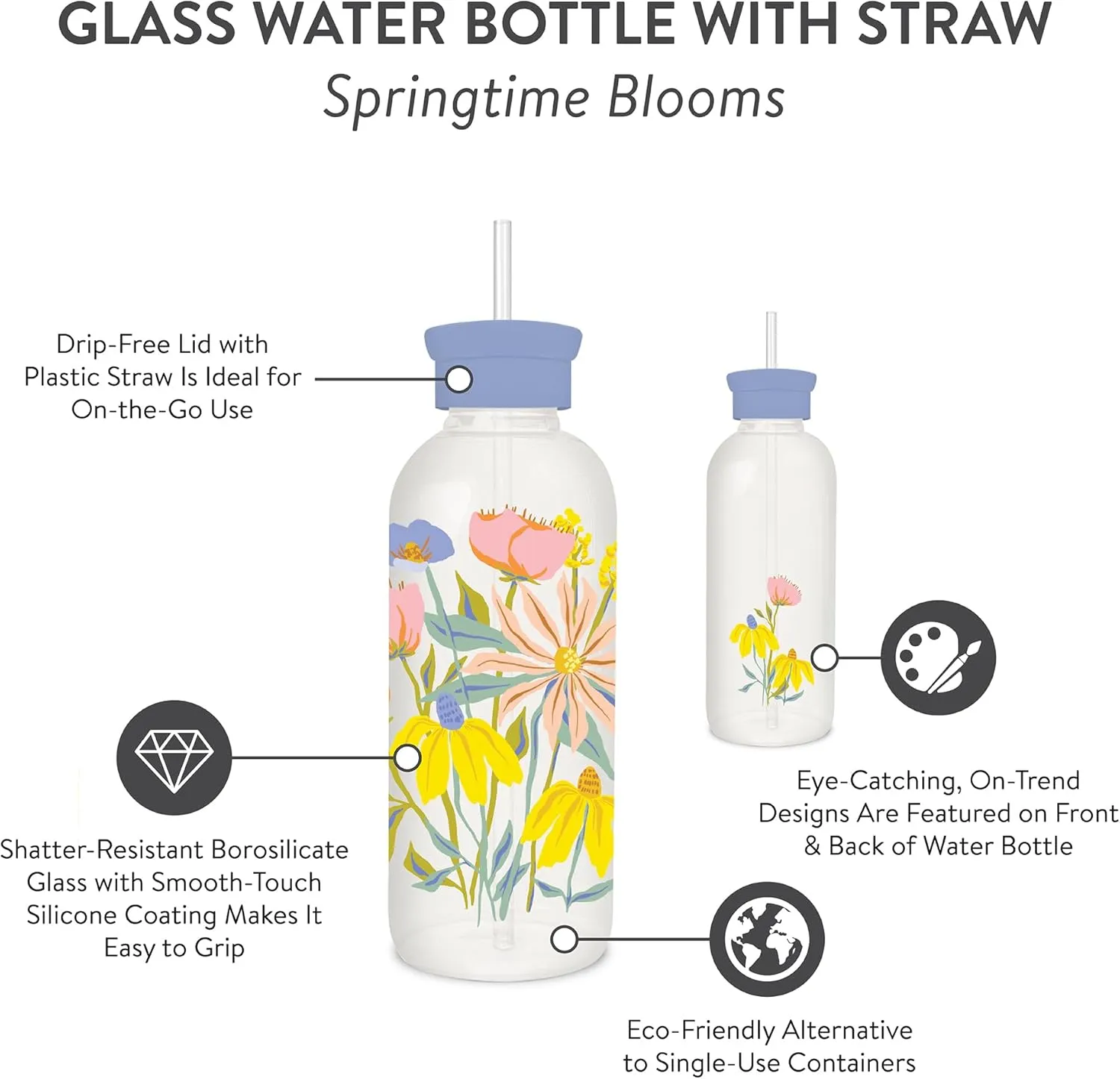Studio Oh! New Glass Water Bottle with Straw 25oz, Reusable Cute Glass Bottle Eco Friendly, Shatter-Resistant, Aesthetic Waterbottle with Silicone Coating, Springtime Blossoms Design