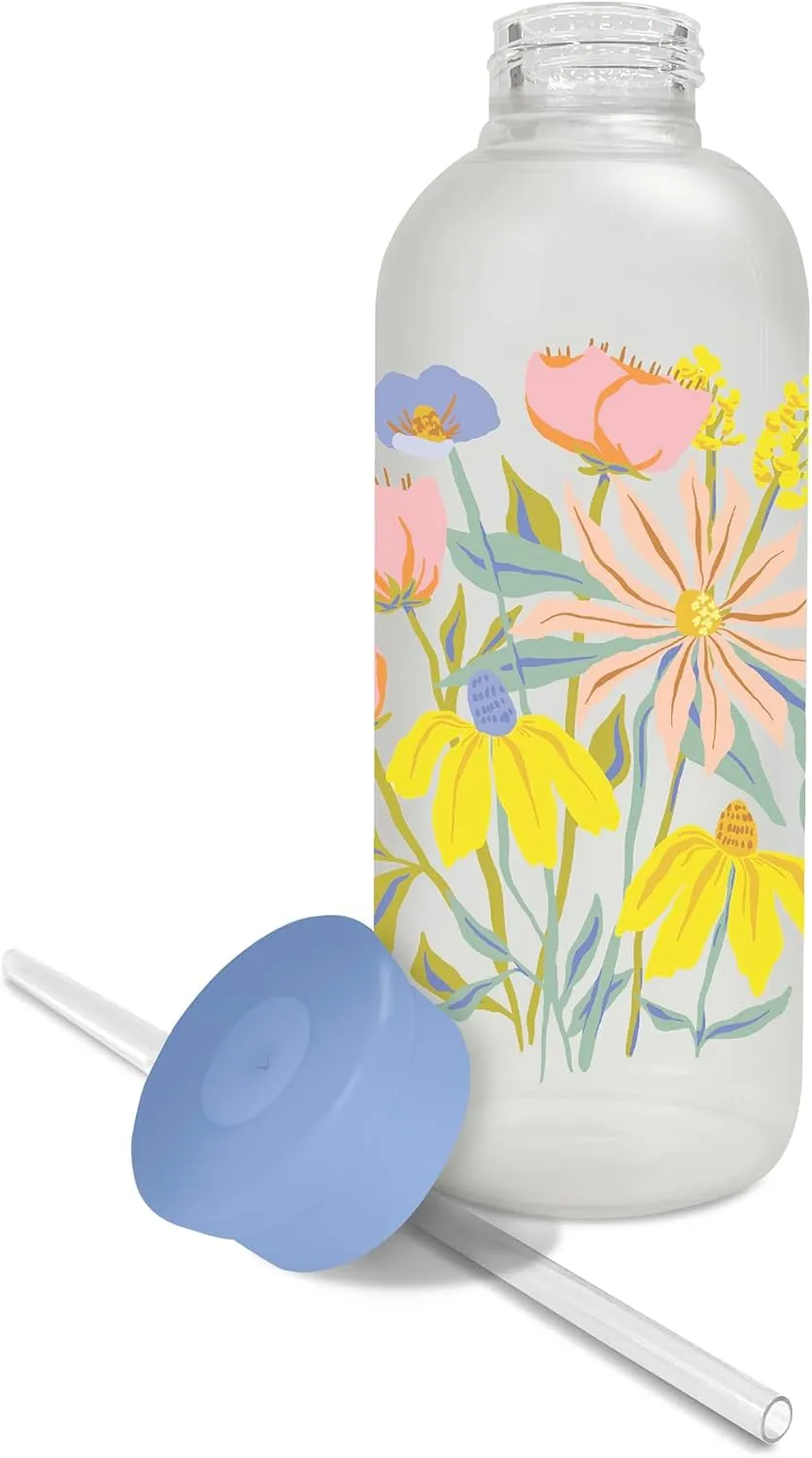 Studio Oh! New Glass Water Bottle with Straw 25oz, Reusable Cute Glass Bottle Eco Friendly, Shatter-Resistant, Aesthetic Waterbottle with Silicone Coating, Springtime Blossoms Design