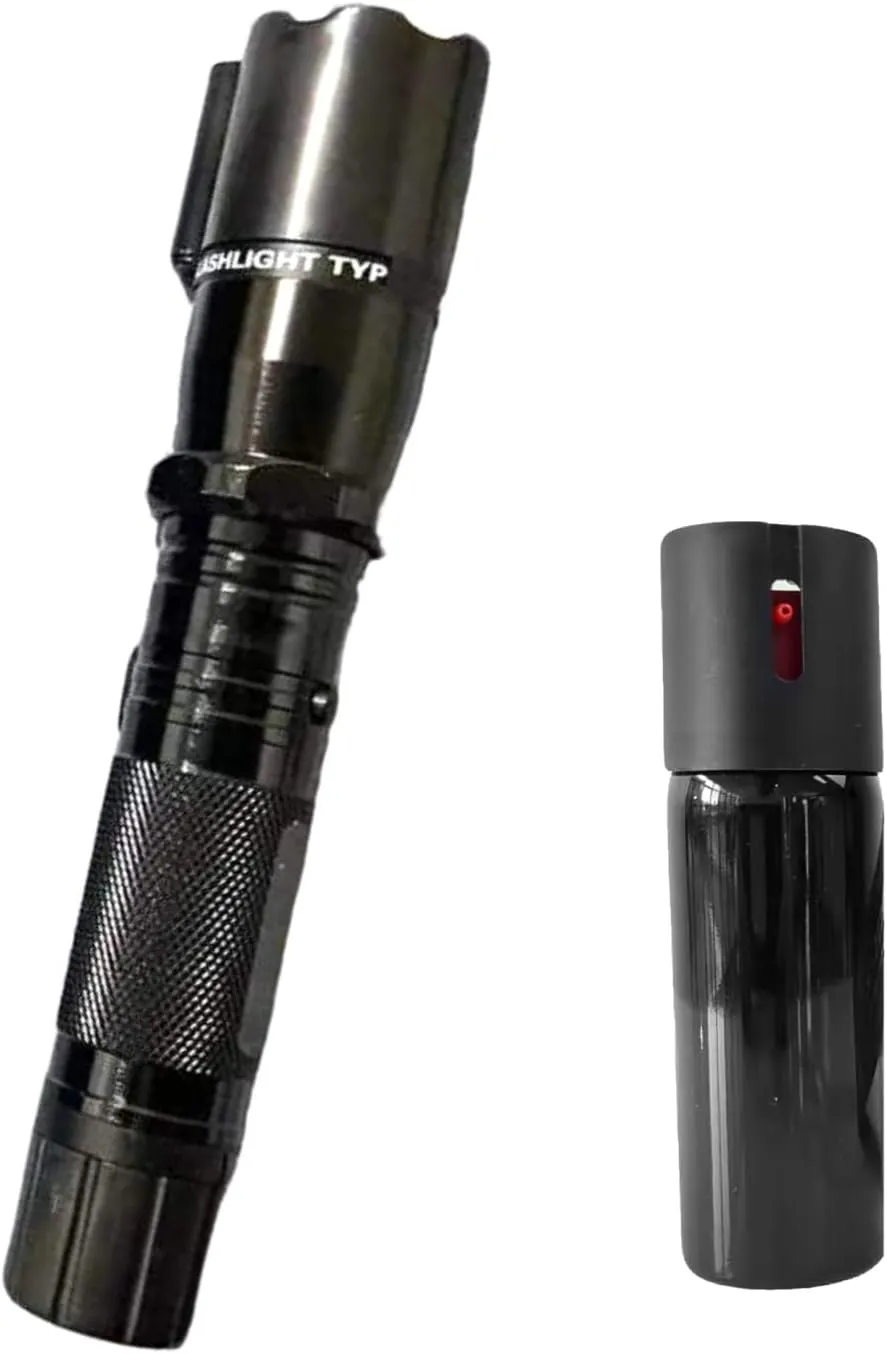 Stun Gun Flashlight and Pepper Spray Combo for Self Defense Rechargeable LED Light with Keychain Gel Spray for Women and Men