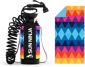 SUN NINJA Portable Shower Bundle with Microfiber Beach Towel, 7-Mode Multi-Spray Shower Head, Neoprene Cover Keeps Water Warm, Quick-Drying, Sand-Free, Lightweight, Compact - Outdoor Cleaning Kit