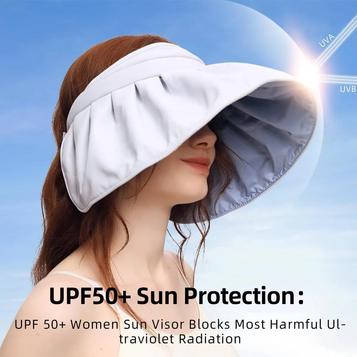 Sun Visor Hat for Women Wide Brim Foldable UPF 50  UV Protection Beach Cap Roll Up Packable Ponytail Shell Hats SLH3M433