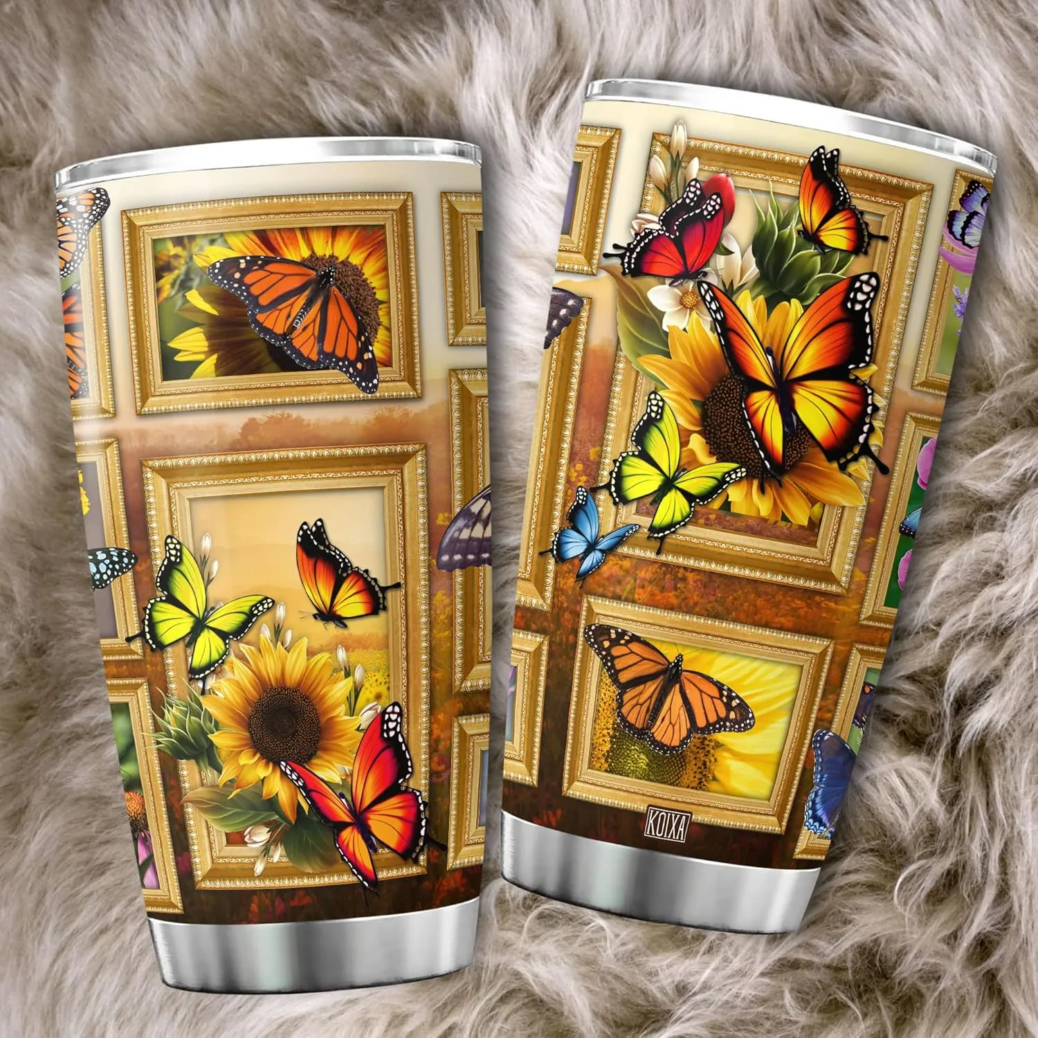 Sunflower Print Tumbler 20 Oz Monarch Butterfly Coffee Cup With Lid Butterflies Sunflowers Gifts For Women Birthday Present Stainless Steel Mug Vintage Floral Flowers Animals