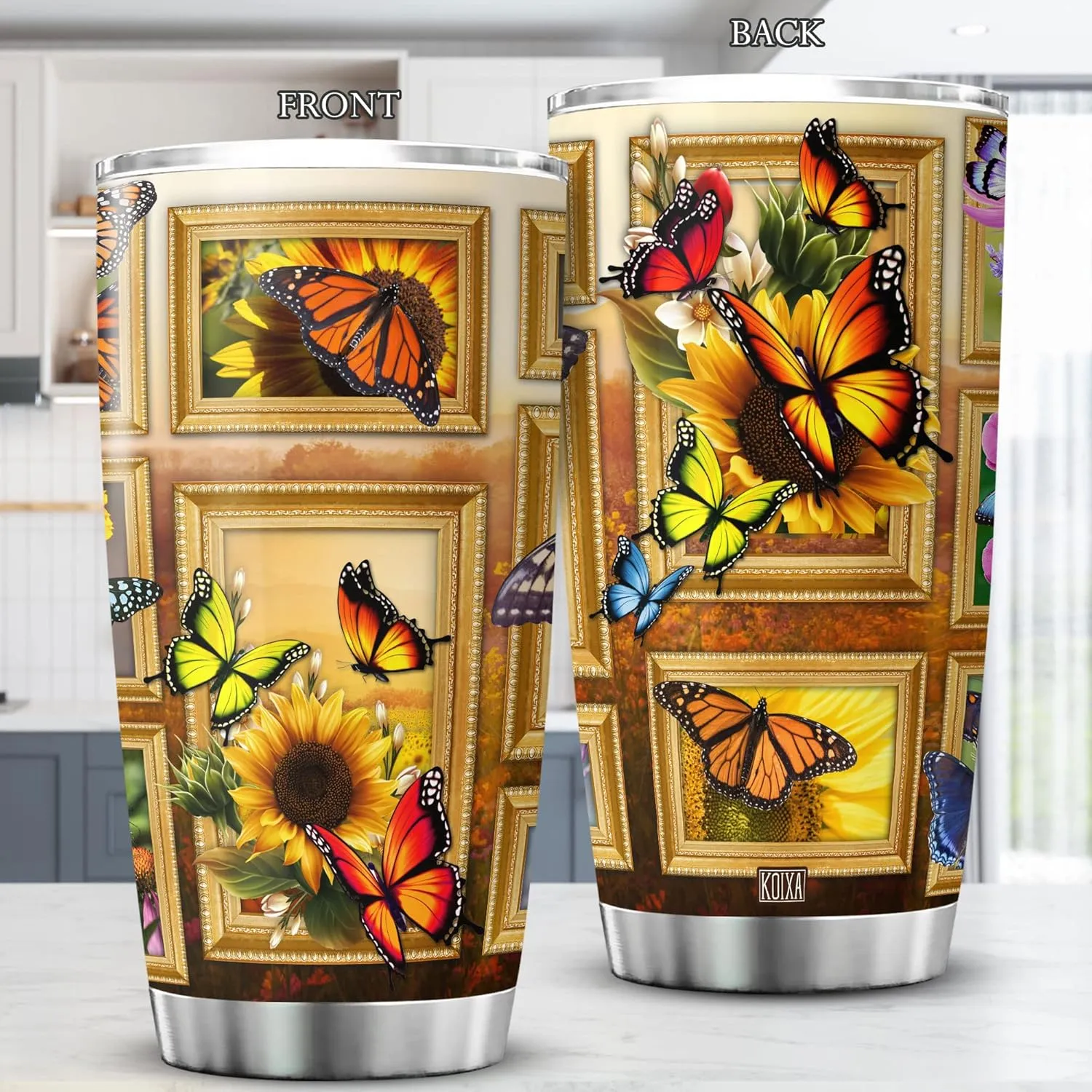 Sunflower Print Tumbler 20 Oz Monarch Butterfly Coffee Cup With Lid Butterflies Sunflowers Gifts For Women Birthday Present Stainless Steel Mug Vintage Floral Flowers Animals
