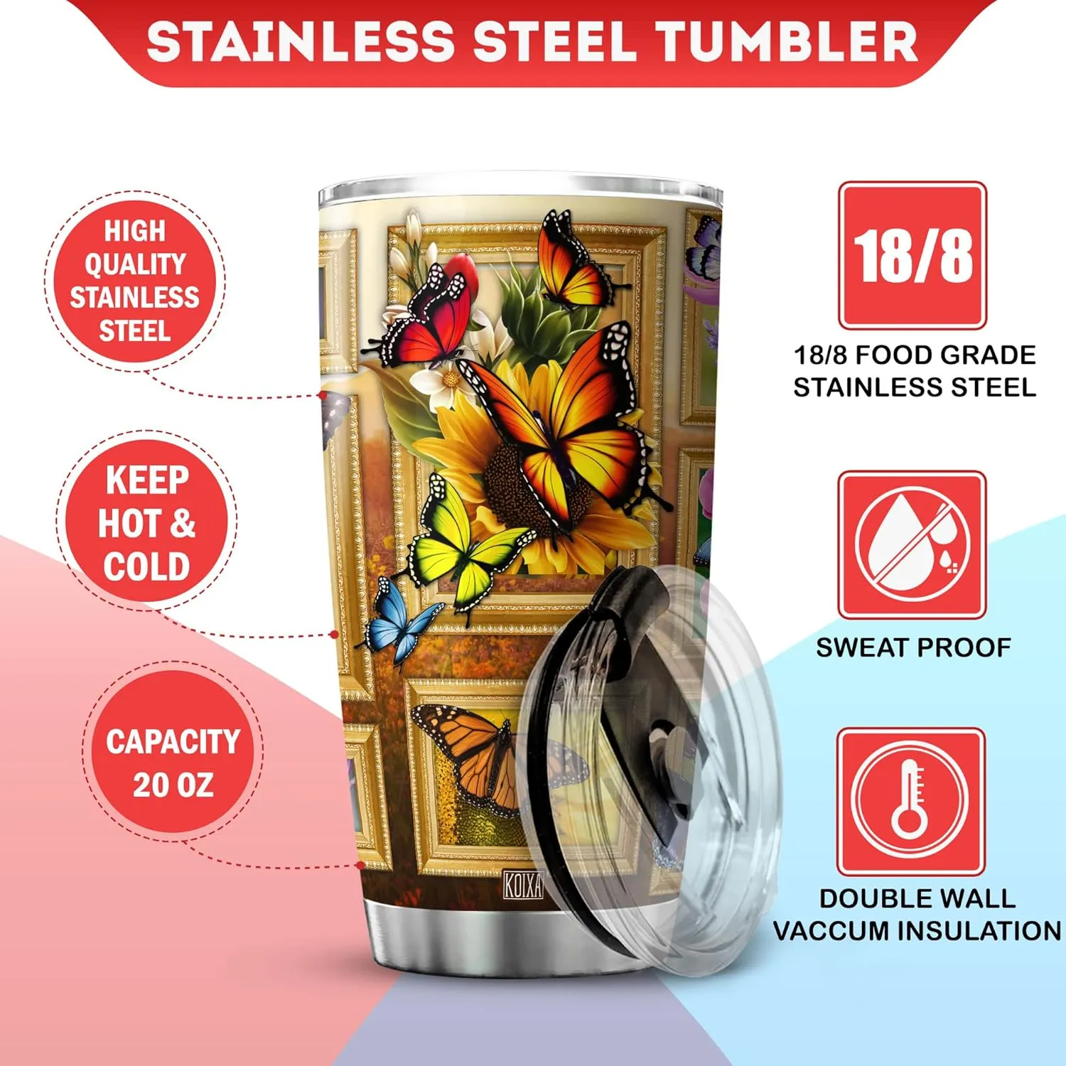 Sunflower Print Tumbler 20 Oz Monarch Butterfly Coffee Cup With Lid Butterflies Sunflowers Gifts For Women Birthday Present Stainless Steel Mug Vintage Floral Flowers Animals