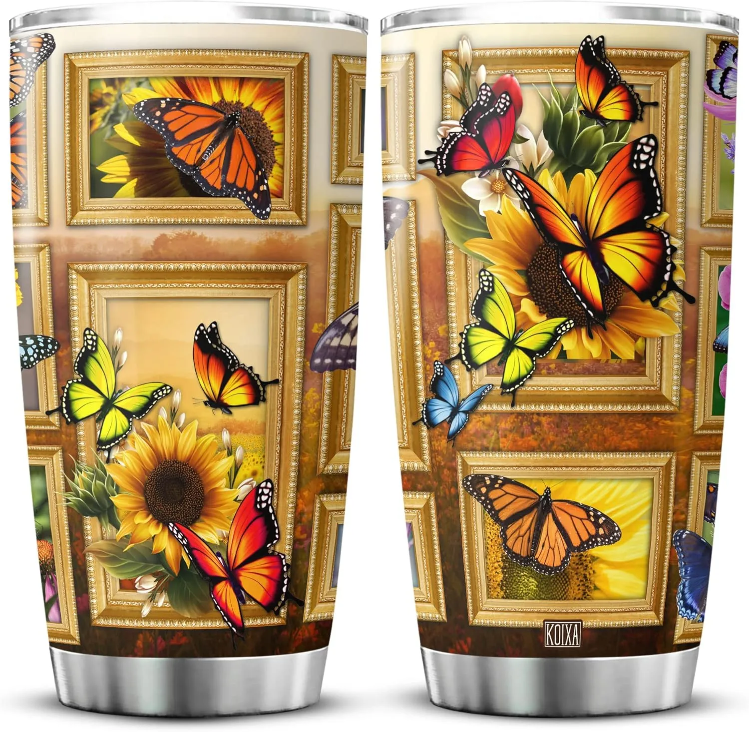 Sunflower Print Tumbler 20 Oz Monarch Butterfly Coffee Cup With Lid Butterflies Sunflowers Gifts For Women Birthday Present Stainless Steel Mug Vintage Floral Flowers Animals