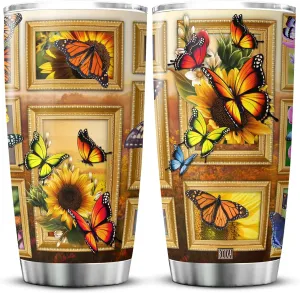 Sunflower Print Tumbler 20 Oz Monarch Butterfly Coffee Cup With Lid Butterflies Sunflowers Gifts For Women Birthday Present Stainless Steel Mug Vintage Floral Flowers Animals