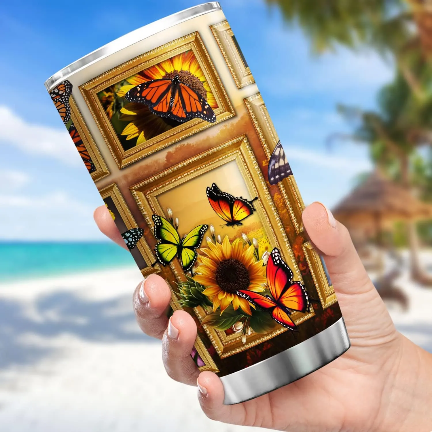 Sunflower Print Tumbler 20 Oz Monarch Butterfly Coffee Cup With Lid Butterflies Sunflowers Gifts For Women Birthday Present Stainless Steel Mug Vintage Floral Flowers Animals