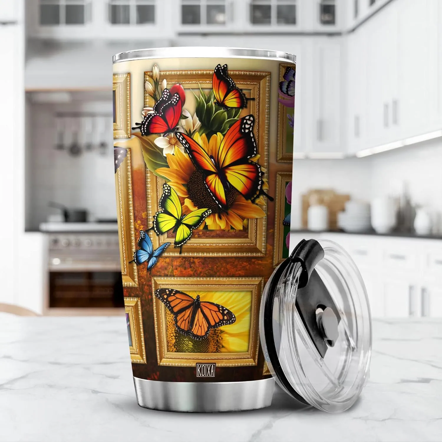 Sunflower Print Tumbler 20 Oz Monarch Butterfly Coffee Cup With Lid Butterflies Sunflowers Gifts For Women Birthday Present Stainless Steel Mug Vintage Floral Flowers Animals