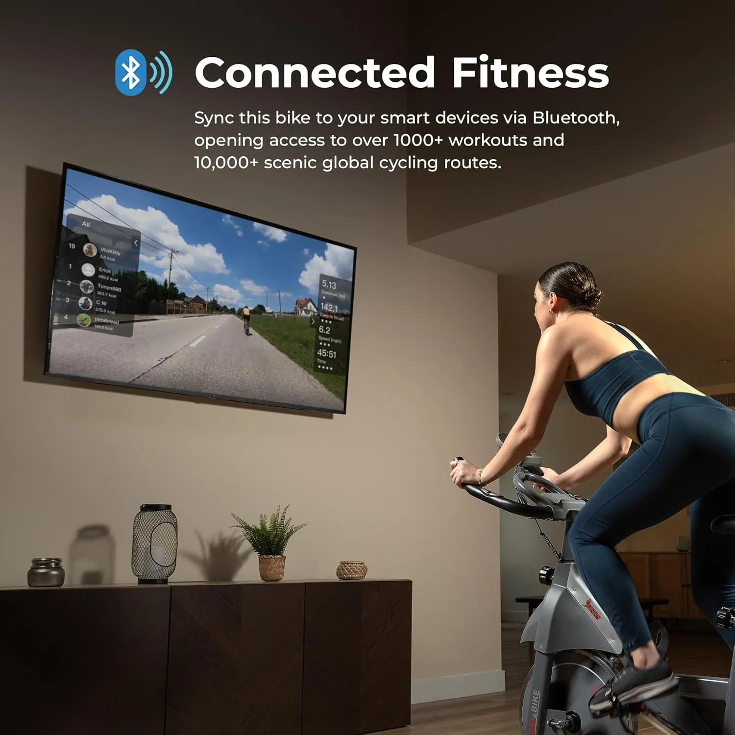 Sunny Health & Fitness Indoor Stationary Exercise Bike, 4-Way Adjustable Seat for Cycling Cardio workout at Home, Optional 49 LB Flywheel, Heavy-Duty & Free SunnyFit App Bluetooth Connect