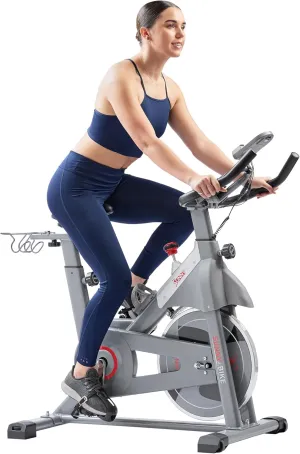 Sunny Health & Fitness Indoor Stationary Exercise Bike, 4-Way Adjustable Seat for Cycling Cardio workout at Home, Optional 49 LB Flywheel, Heavy-Duty & Free SunnyFit App Bluetooth Connect