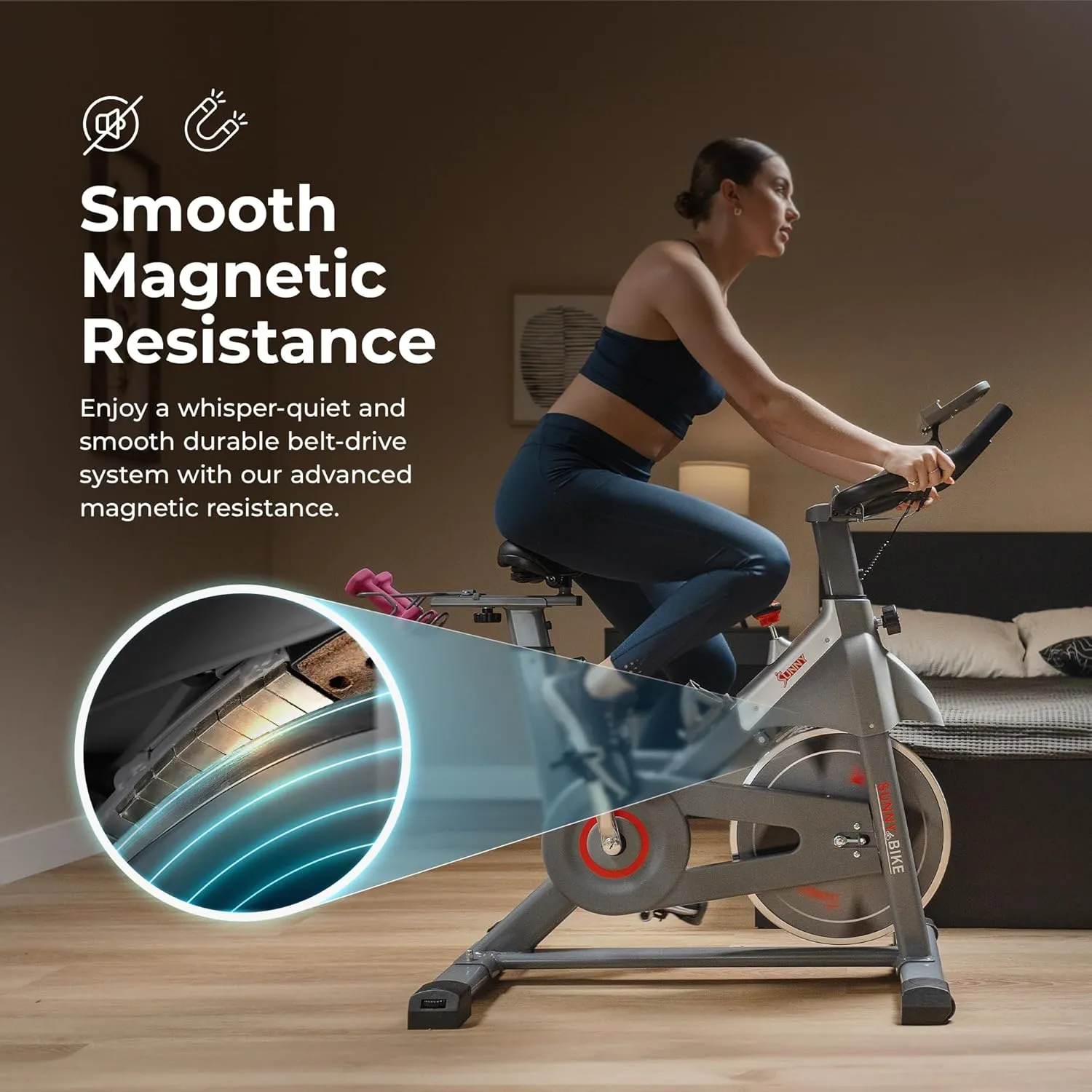 Sunny Health & Fitness Indoor Stationary Exercise Bike, 4-Way Adjustable Seat for Cycling Cardio workout at Home, Optional 49 LB Flywheel, Heavy-Duty & Free SunnyFit App Bluetooth Connect