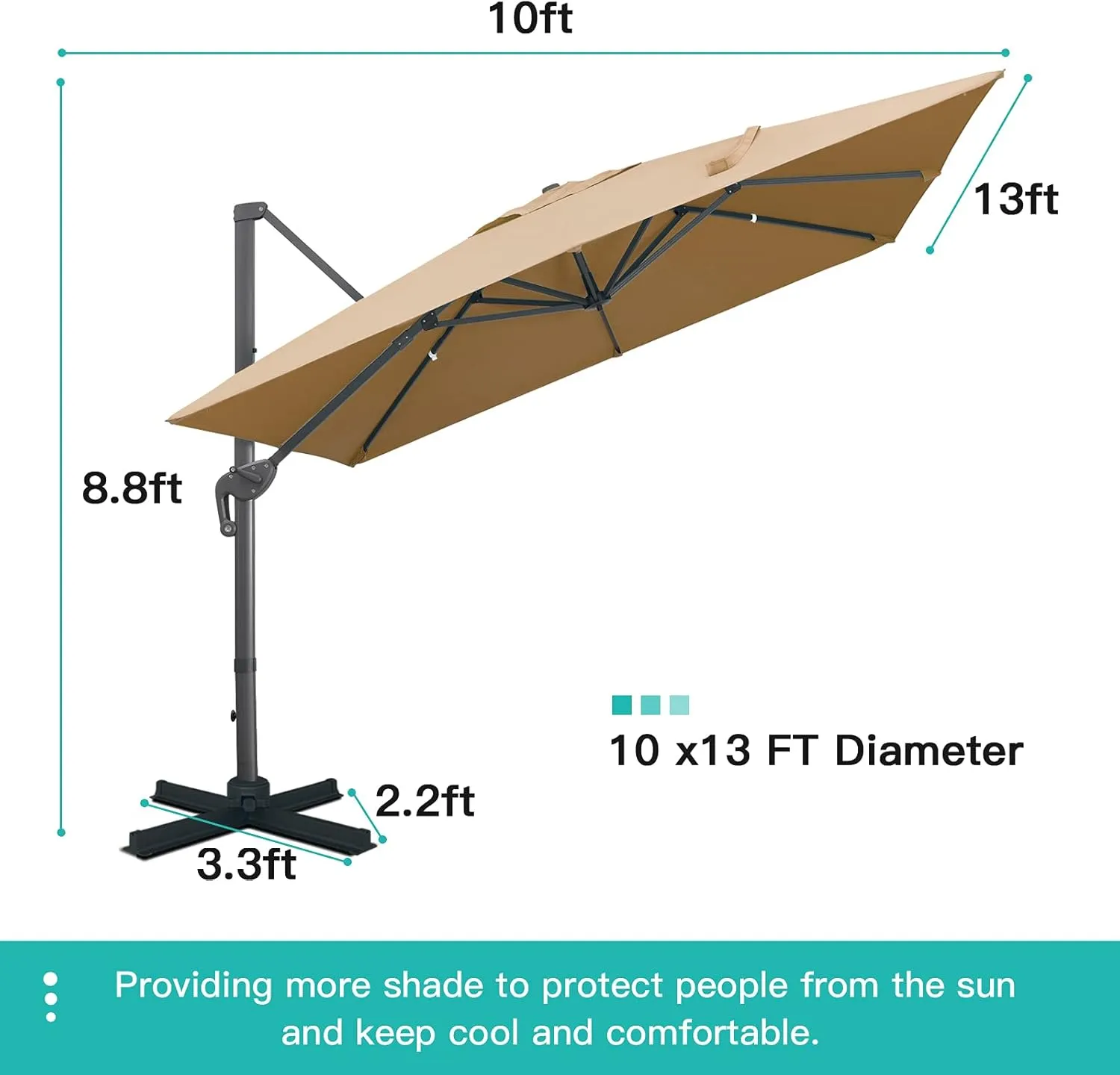 Sunnyglade 10x13Ft Cantilever Patio Umbrella Rectangular Deluxe Offset 360°Rotation & Integrated Tilting System Hanging Umbrella for Market Garden Deck Pool Backyard Patio (Tan)