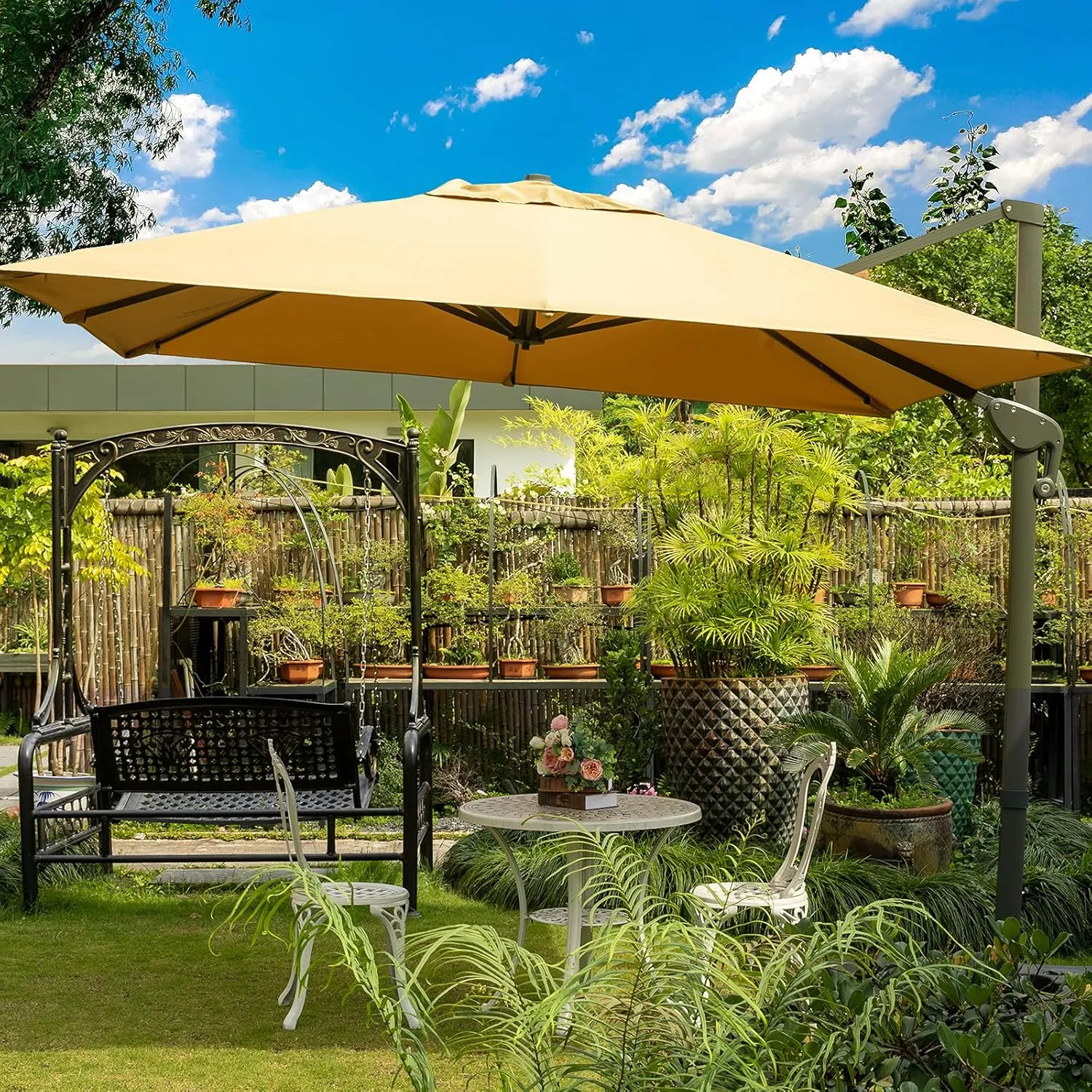 Sunnyglade 10x13Ft Cantilever Patio Umbrella Rectangular Deluxe Offset 360°Rotation & Integrated Tilting System Hanging Umbrella for Market Garden Deck Pool Backyard Patio (Tan)