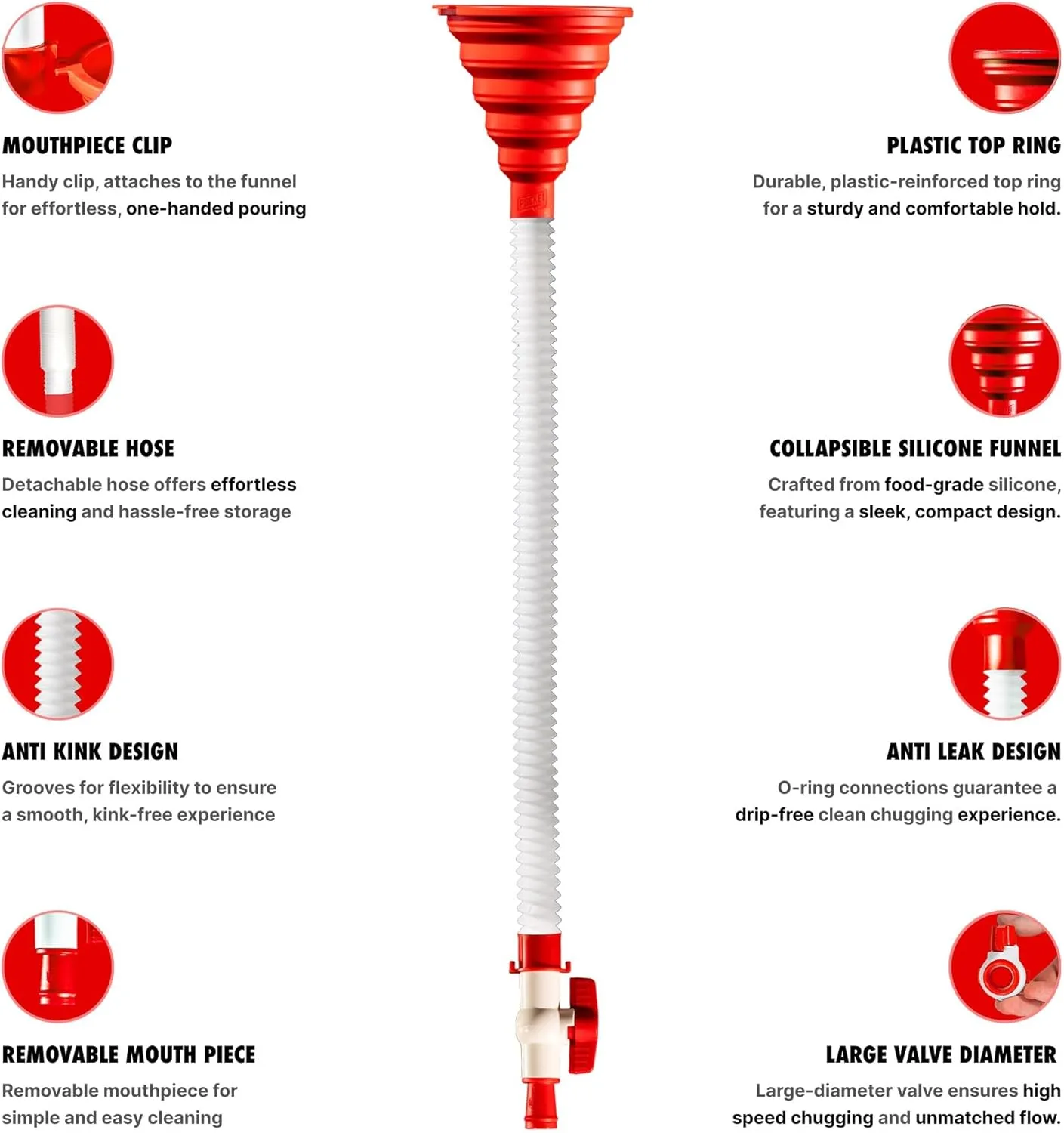Super Compact Funnel, Hose & Valve - Convenient, Portable, Quality Silicone, Fast-Flow Valve, Includes Discreet Carry Bag (Red)