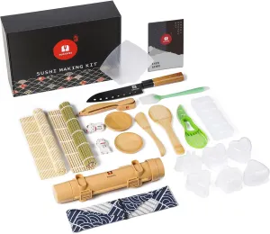 SUPJOYES Sushi Making Kit - 27 in 1 Complete Sushi Maker for Beginners, with Bamboo Rolling Mat, Sushi Bazooka, Knife, Chopsticks, Nigiri/Onigiri/Gunkan Sushi Molds, Guide Book & More