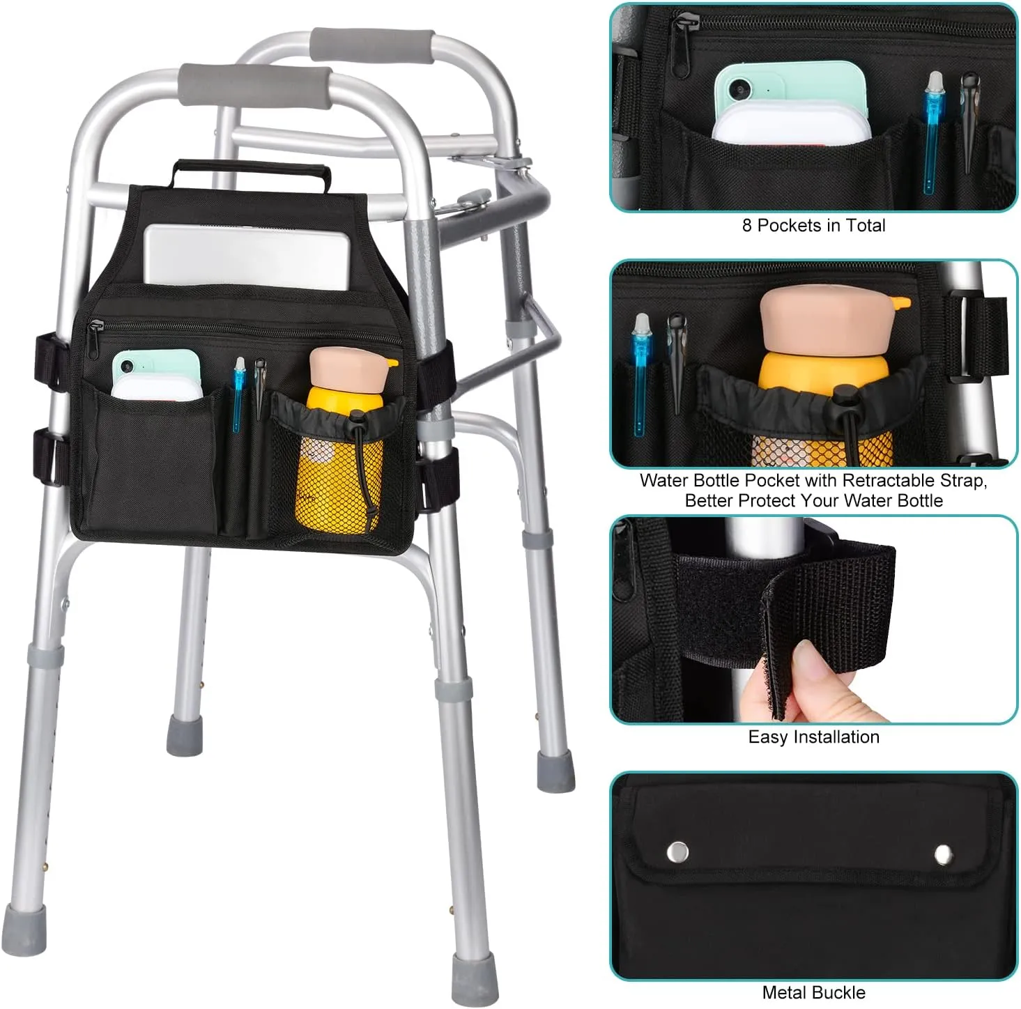 supregear Side Walker Bag, Walker Accessories Bag w/Cup Holder, Folding Walker Basket Waterproof Walker Organizer Caddy Pouch for Most Walker with Side Bar for Seniors, Elderly, Double Sided
