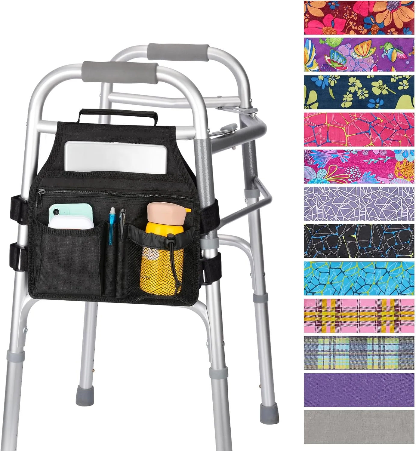 supregear Side Walker Bag, Walker Accessories Bag w/Cup Holder, Folding Walker Basket Waterproof Walker Organizer Caddy Pouch for Most Walker with Side Bar for Seniors, Elderly, Double Sided