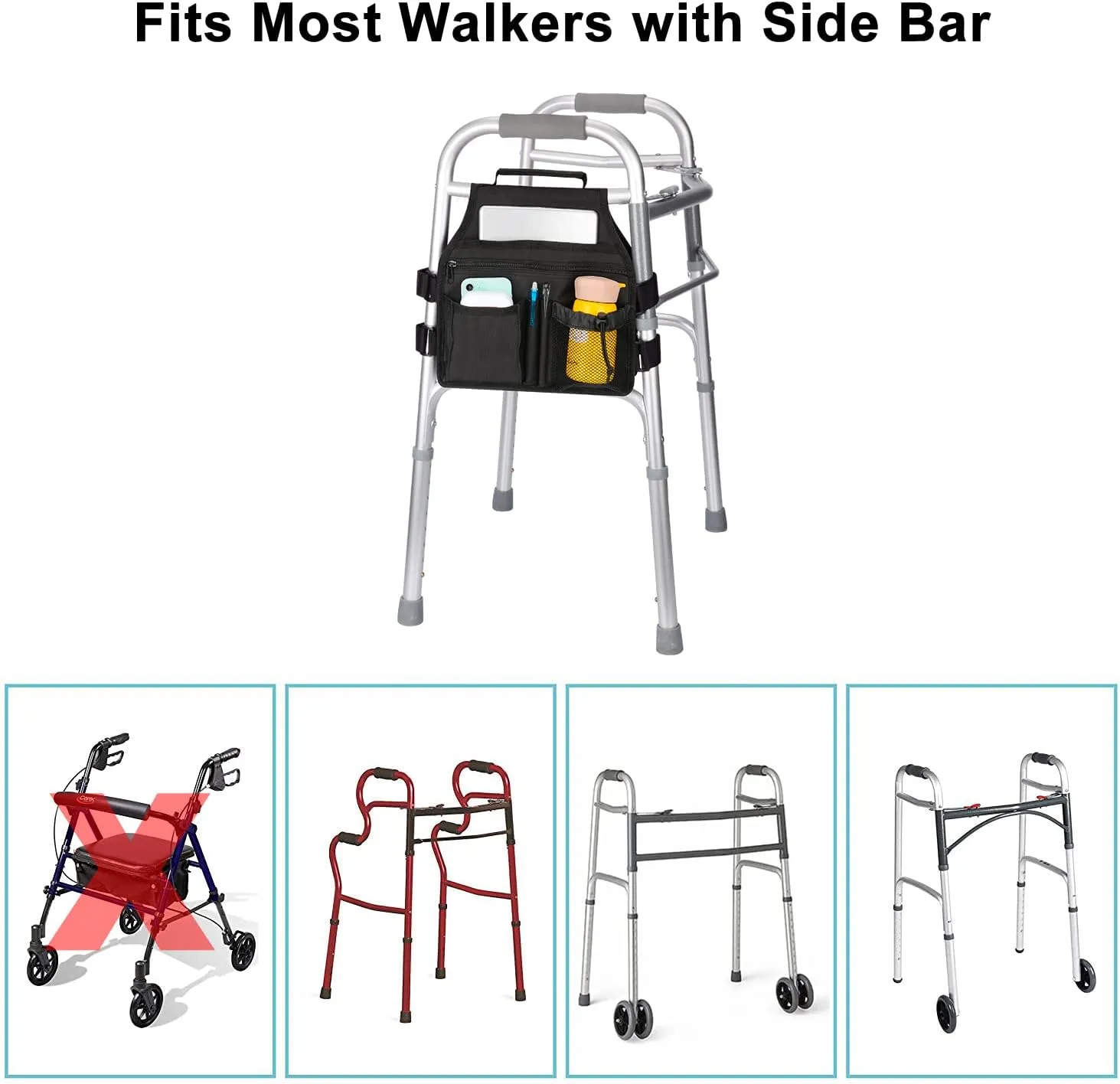 supregear Side Walker Bag, Walker Accessories Bag w/Cup Holder, Folding Walker Basket Waterproof Walker Organizer Caddy Pouch for Most Walker with Side Bar for Seniors, Elderly, Double Sided