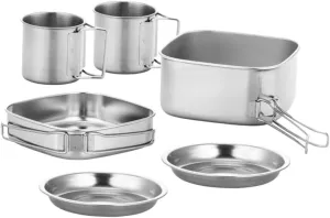 SUPVOX 4-Piece Stainless Steel Camping Cooking Set Portable Frying Pan for Outdoor Hiking Compact Camping Pot for BBQ Picnic Hiking and Camping