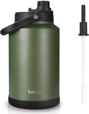 Sursip One Gallon Insulated Water Jug wtih Straw,128 Oz Water Bottle,18/8 Food-grade,Keep Drinking Hot and Cold,Sweat Proof,Great for Travel/Hiking/Camping/Sports/Gaming/Gift(Amry Green)