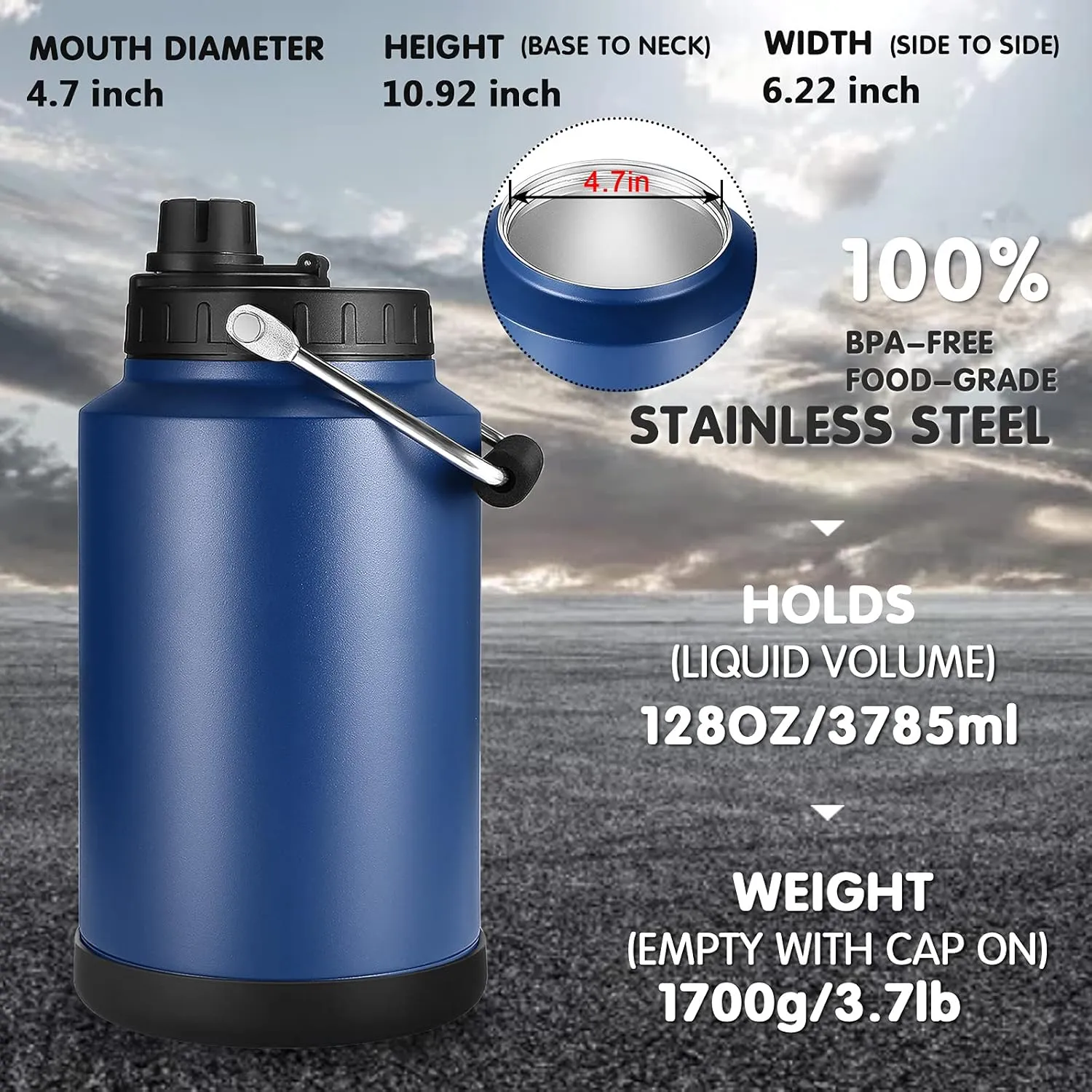 Sursip One Gallon Insulated Water Jug wtih Straw,128 Oz Water Bottle,18/8 Food-grade,Keep Drinking Hot and Cold,Sweat Proof,Great for Travel/Hiking/Camping/Sports/Gaming/Gift(Amry Green)