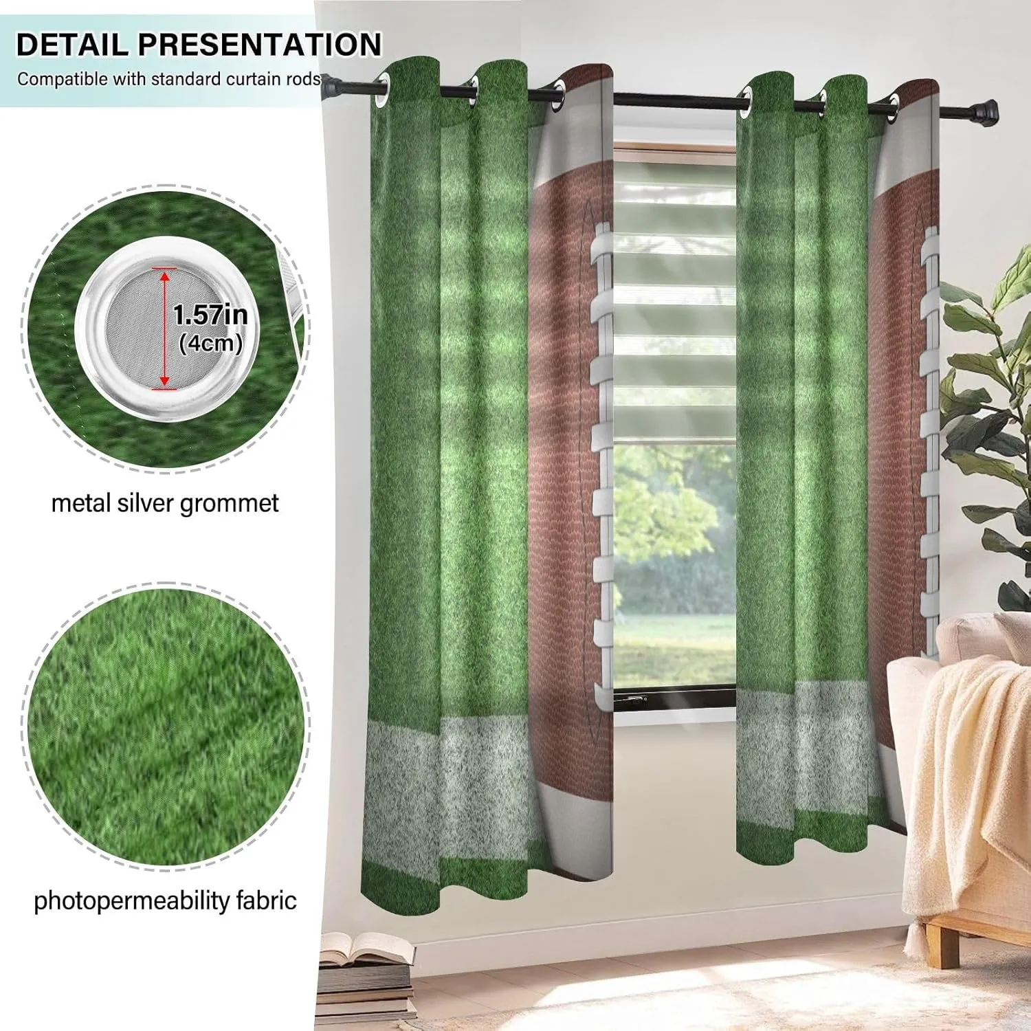 susiyo Football Grassland Curtains Grommet Top Window Curtain, Modern Blackout Curtains Semi Sheer Not See Through Window Curtains Noise Reducing for Bedroom Living Room,2 Panels,42 x 63 Inch