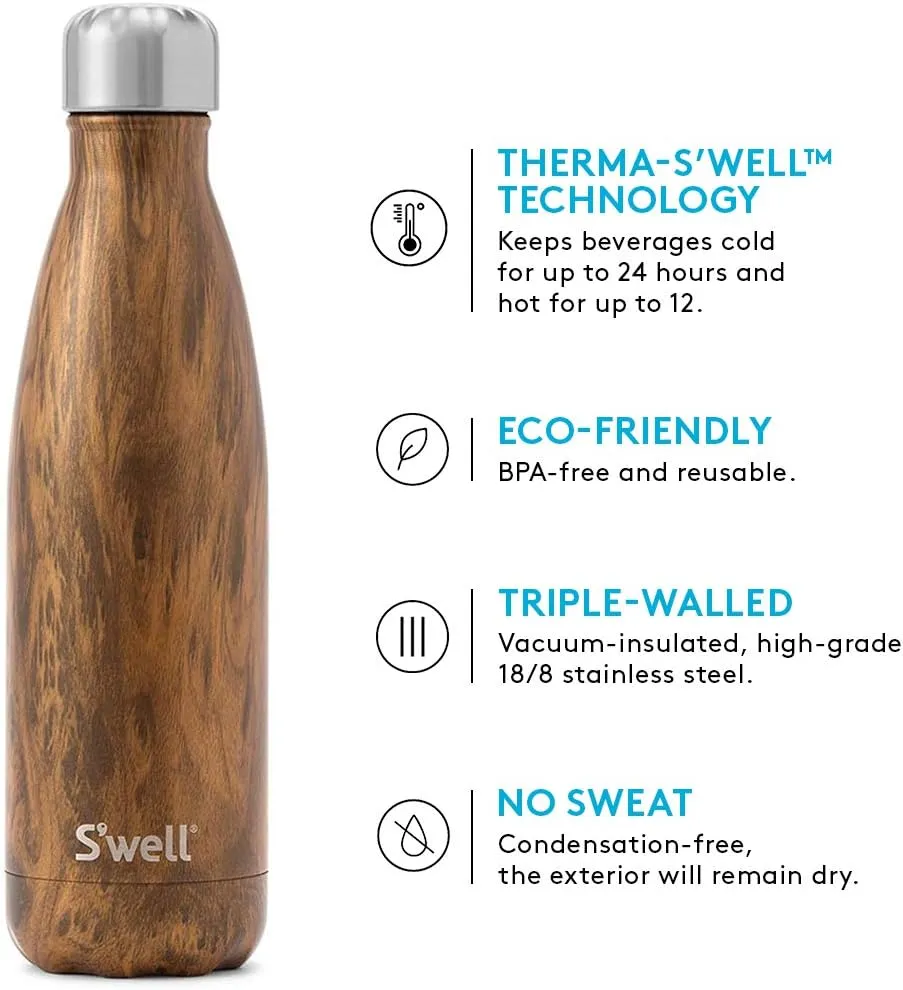 S'well Vacuum Insulated Stainless Steel Water Bottle, 17 oz, Black Boa