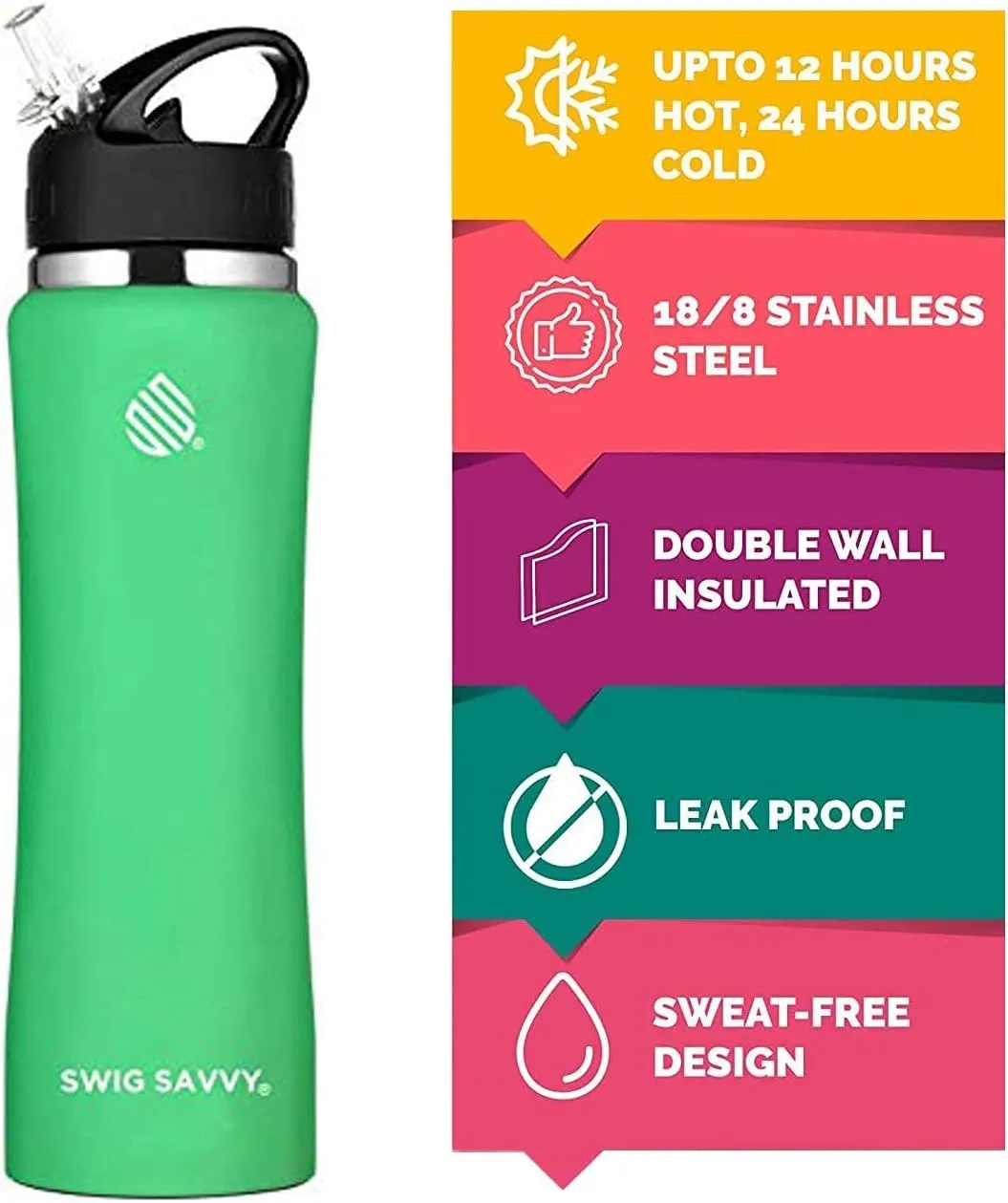 Swig Savvy Stainless Steel Water Bottle with Straw, Pouch, Clip, 32oz Flip Top Insulated Water Flask Canteen, Leak-proof Vacuum Hot Thermos, Keeps Drinks Cold for 8 Hours, Aqua Fresh