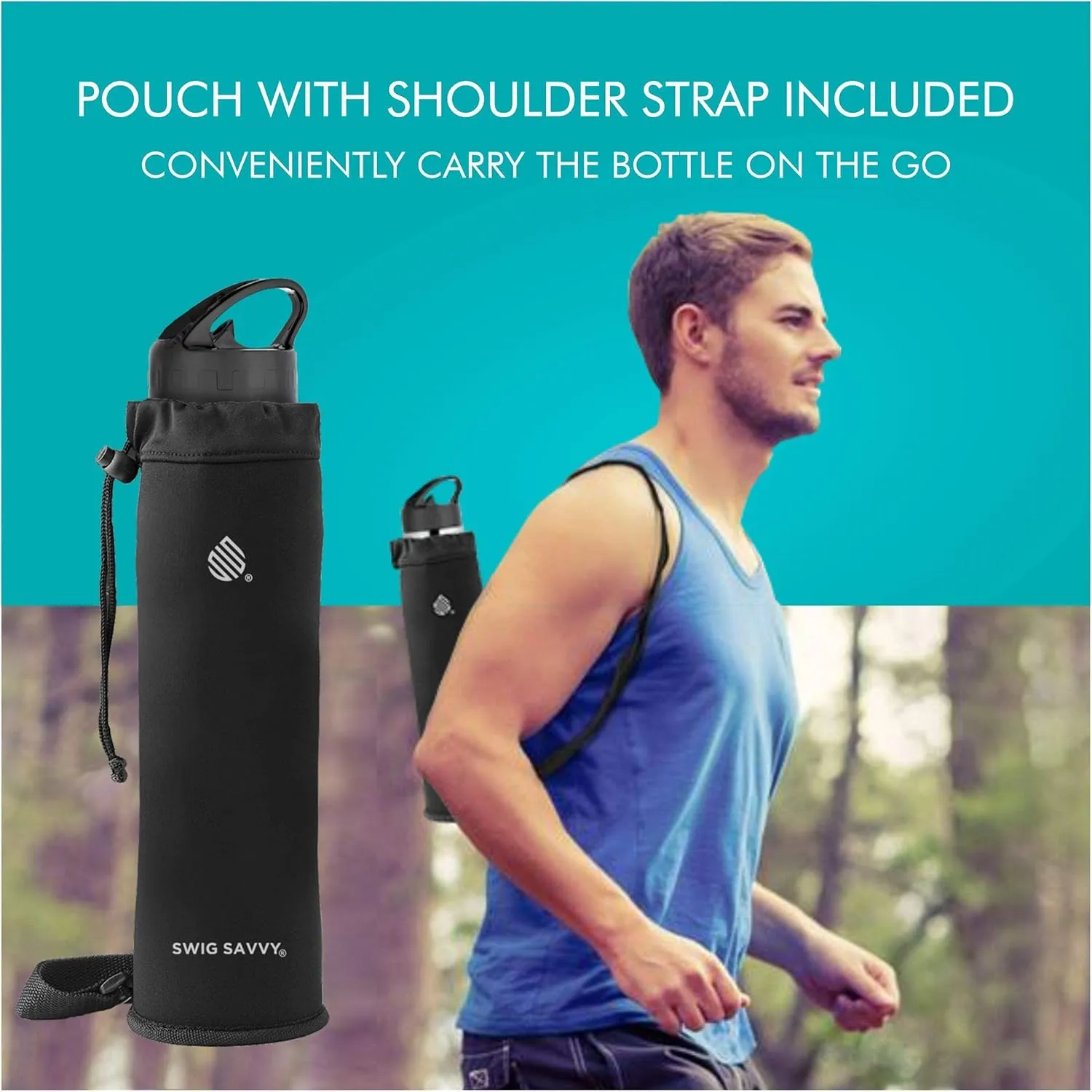 Swig Savvy Stainless Steel Water Bottle with Straw, Pouch, Clip, 32oz Flip Top Insulated Water Flask Canteen, Leak-proof Vacuum Hot Thermos, Keeps Drinks Cold for 8 Hours, Aqua Fresh