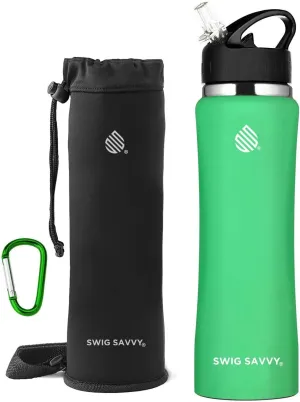 Swig Savvy Stainless Steel Water Bottle with Straw, Pouch, Clip, 32oz Flip Top Insulated Water Flask Canteen, Leak-proof Vacuum Hot Thermos, Keeps Drinks Cold for 8 Hours, Aqua Fresh