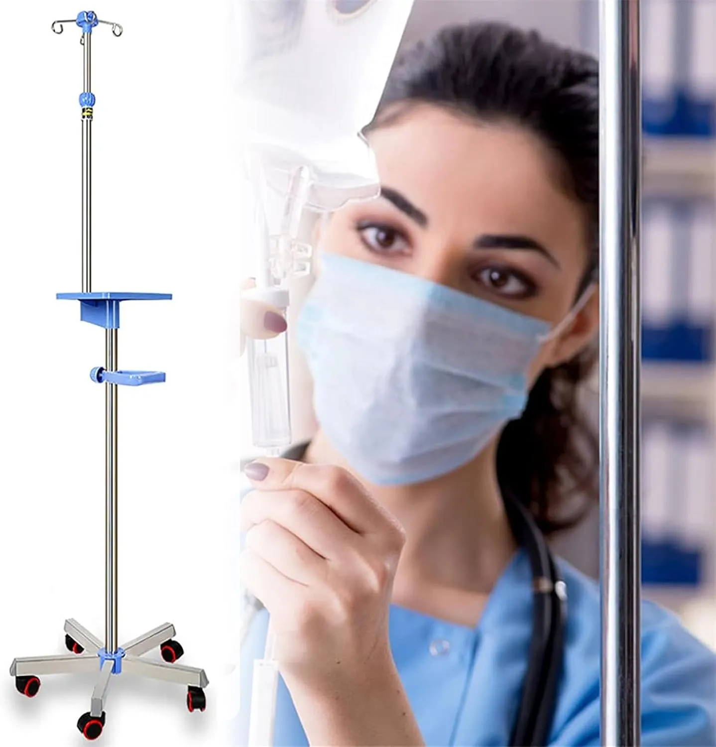 SyufRe Medical Poles Stand, Height Adjustable 145~200cm Infusion Stand with Tray & Wheels, Fluid Bag Stand for Hospital Home Infusion Practice and Therapy