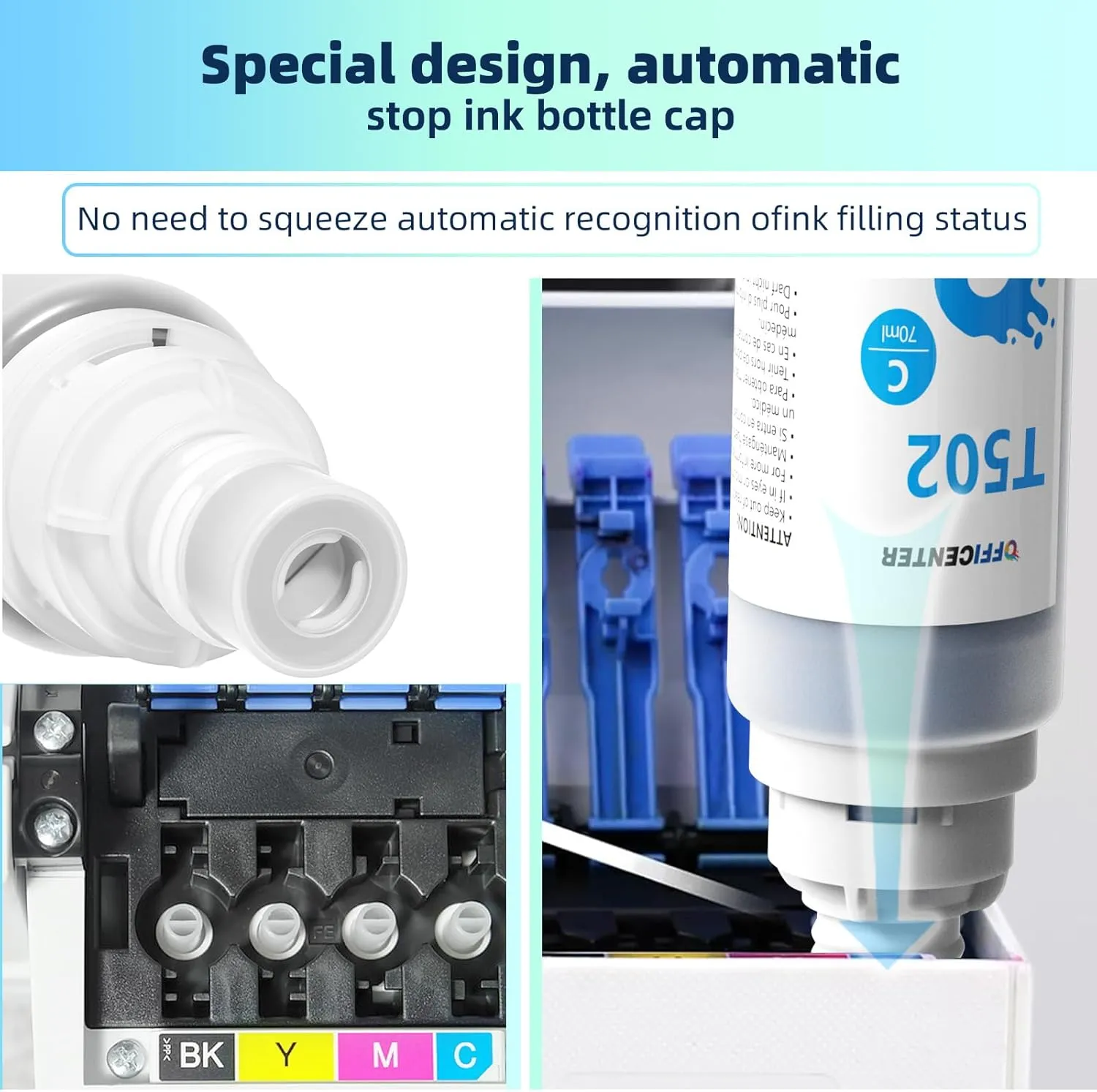 T502 502 Ink Refill Bottles for Ecotank ET2760 ET-4760 ET2750 ET-3760 ET-2850 ET-15000 ST-4000 ST-2000 ET-3710 ET-3850 ET-3750 ET-4850 ET-3830 ET4750 ET2700 ST3000 ET3700 Printer(2BK C M Y)