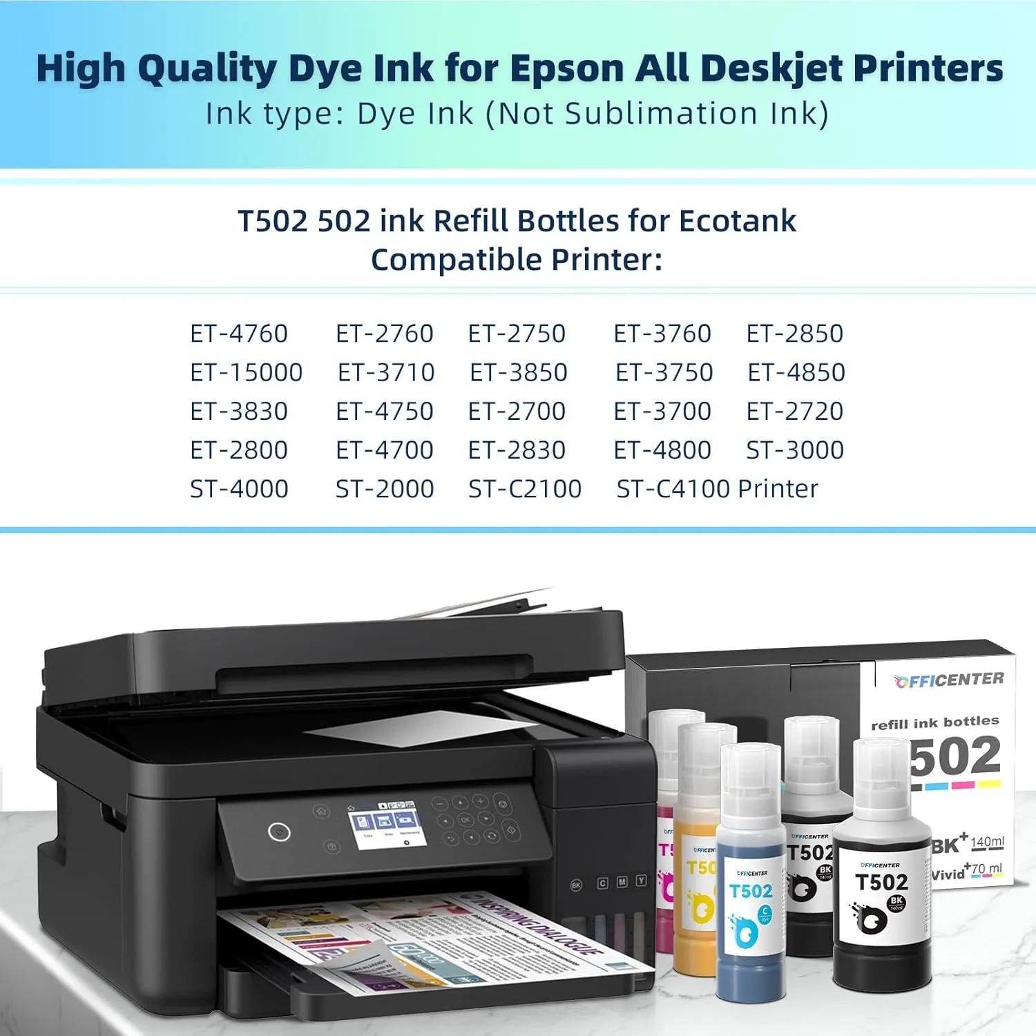 T502 502 Ink Refill Bottles for Ecotank ET2760 ET-4760 ET2750 ET-3760 ET-2850 ET-15000 ST-4000 ST-2000 ET-3710 ET-3850 ET-3750 ET-4850 ET-3830 ET4750 ET2700 ST3000 ET3700 Printer(2BK C M Y)