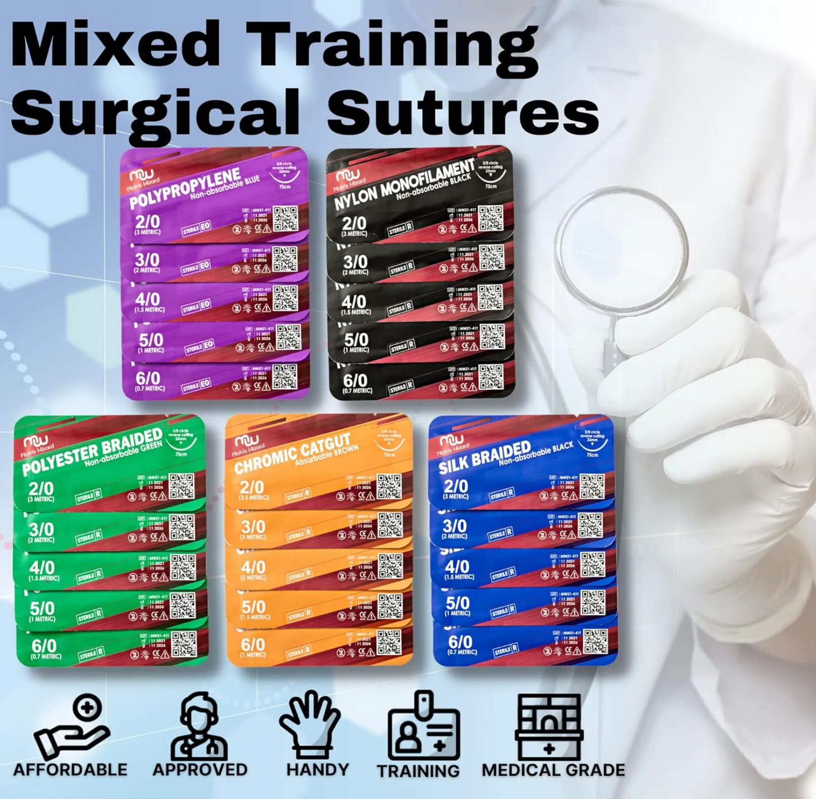 Tactical Suture Stitches Surgery Kit Threads with Needle (25 PK Mixed Dissolvable and Non-Dissolvable)