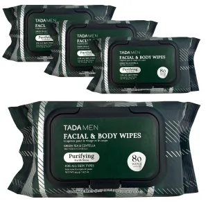 TADA Men - Face Wipes for Men & Body Wipes for Adults No Rinse, Face Cleansing Wipes & Body Cleansing Wipes for Adults Bulk Gym, Running, &Outdoor Activities - Green tea & Hyaluronic (4PK Green tea)