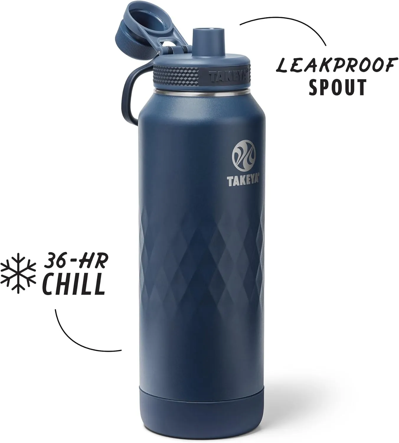 Takeya Sport 40 oz Triple-Insulated Stainless Steel Water Bottle, Spout Lid – Leakproof, Sweatproof, BPA-Free, Keeps Drinks Cold 36 Hrs, Hot 14 Hrs – Indigo