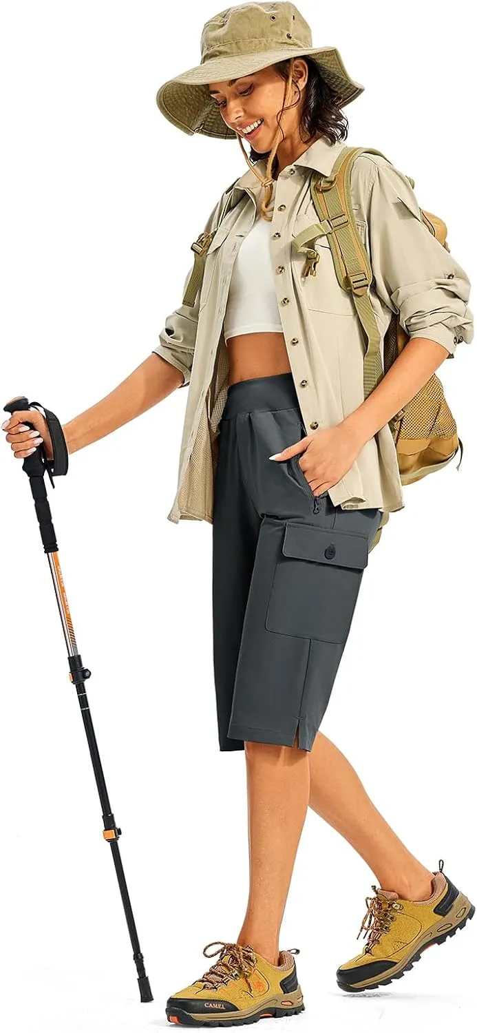 TBMPOY Womens 15" Long Hiking Shorts Below Knee Length Cargo Capri Bermuda Water Resistant Lightweight Stretch 3 Pockets