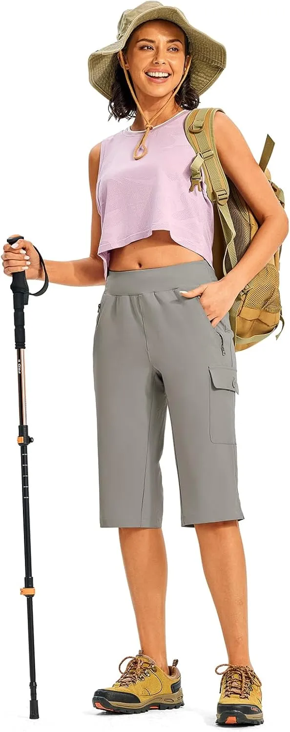 TBMPOY Womens 15" Long Hiking Shorts Below Knee Length Cargo Capri Bermuda Water Resistant Lightweight Stretch 3 Pockets